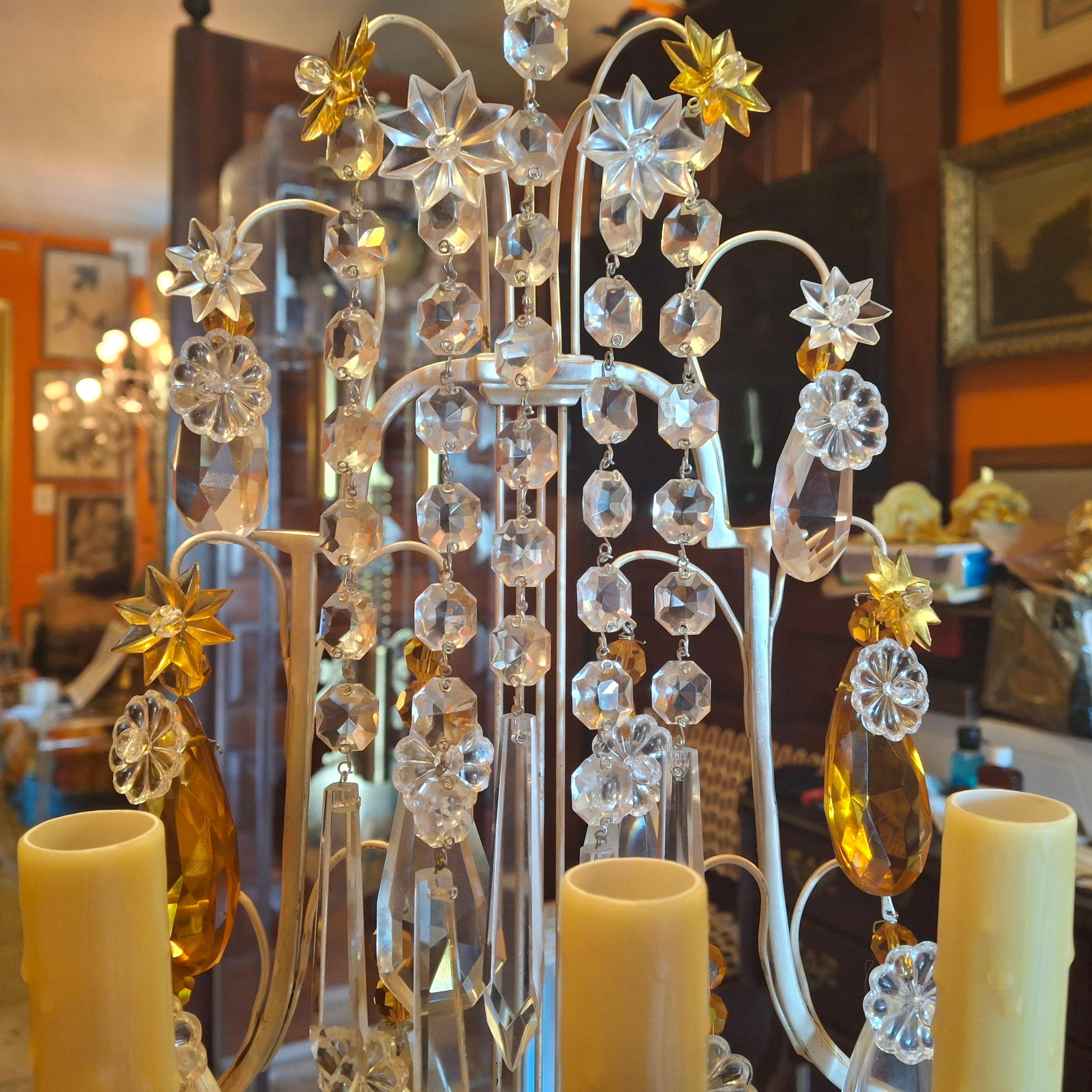 Pärchen '40er Jahre Französisch Regency Bernstein & Clear Crystal Lyre zurück Girandolen / Tischlampen im Angebot 1