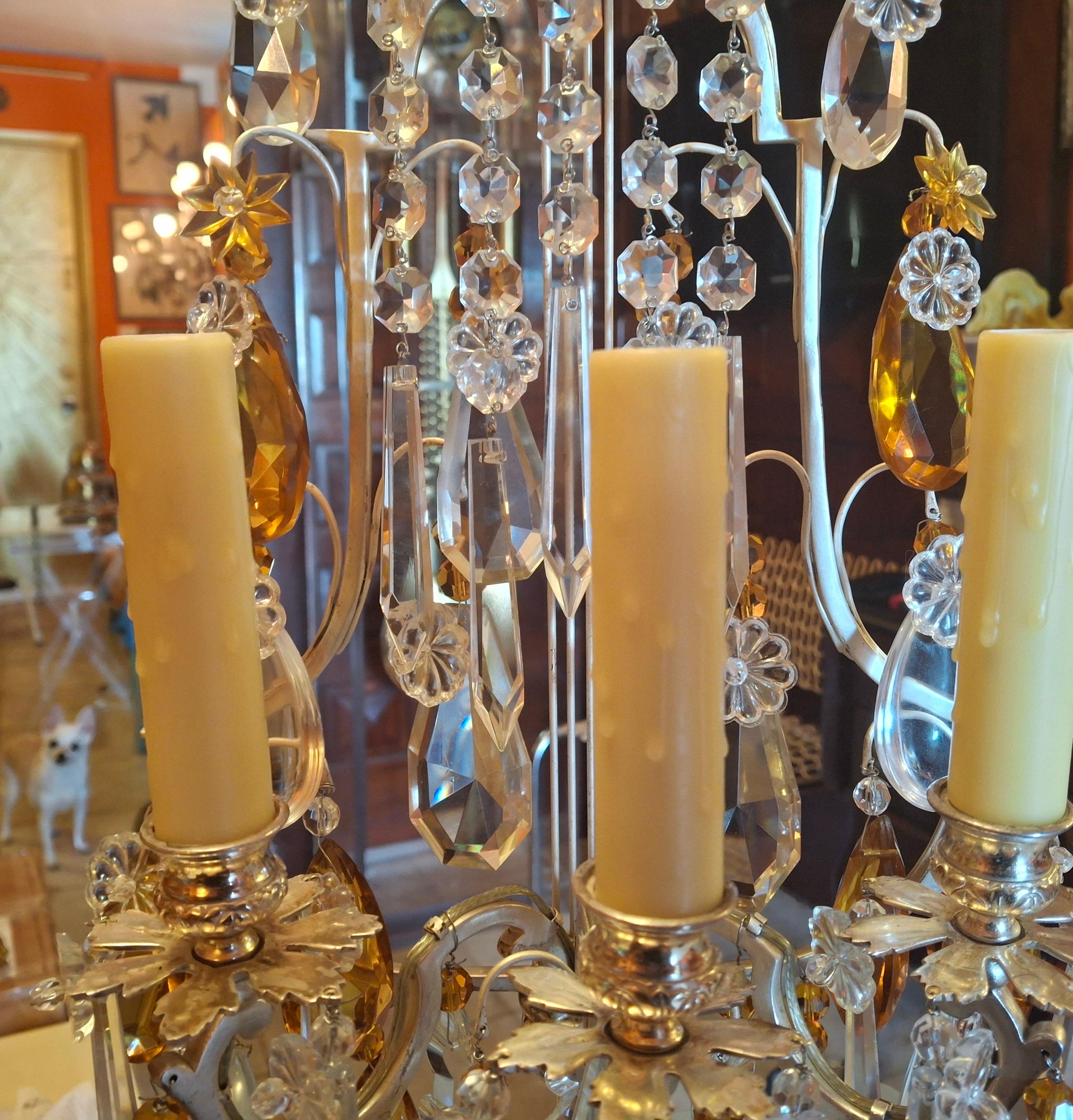 Pärchen '40er Jahre Französisch Regency Bernstein & Clear Crystal Lyre zurück Girandolen / Tischlampen im Angebot 2