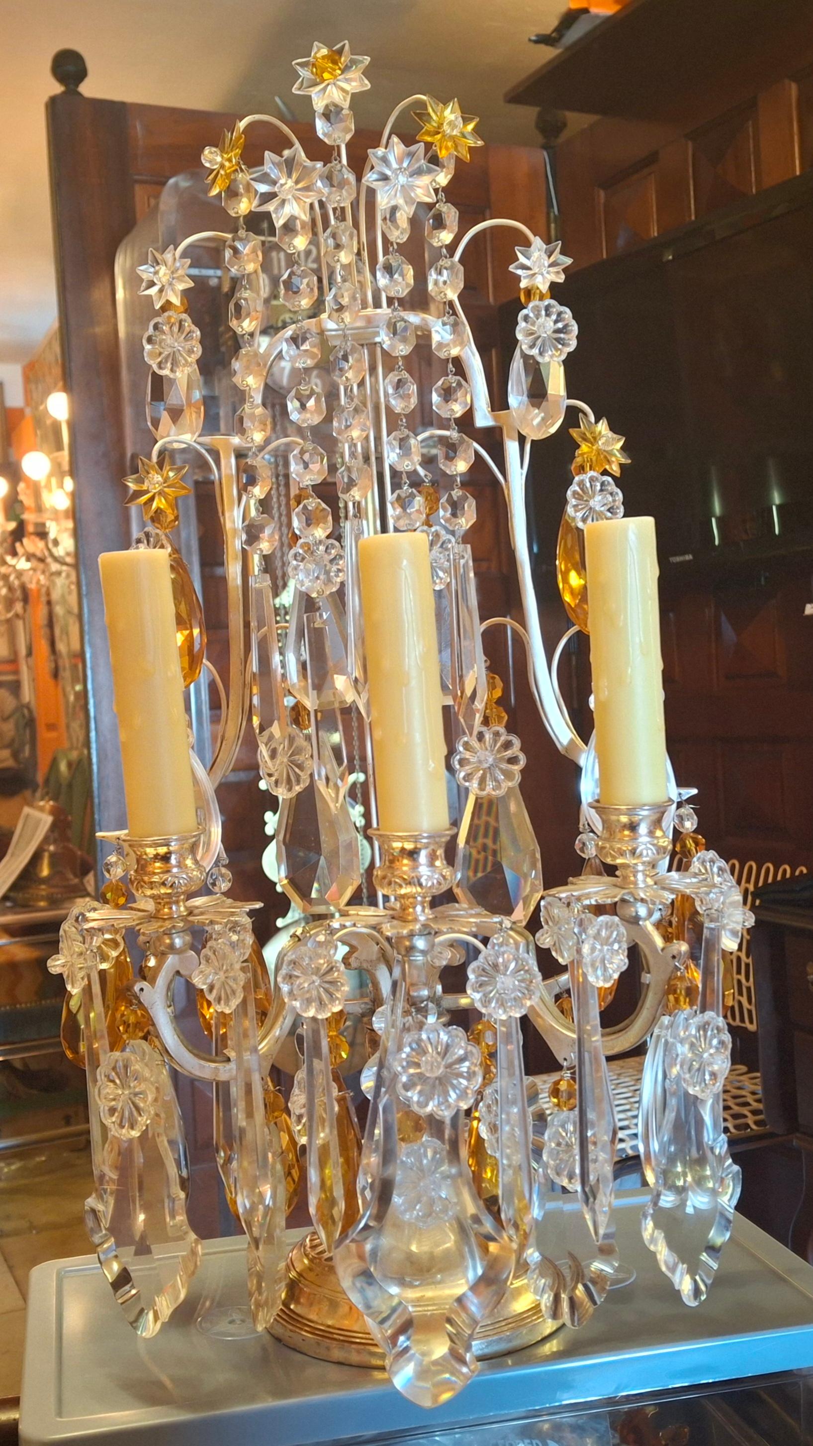 Pärchen '40er Jahre Französisch Regency Bernstein & Clear Crystal Lyre zurück Girandolen / Tischlampen im Angebot 3