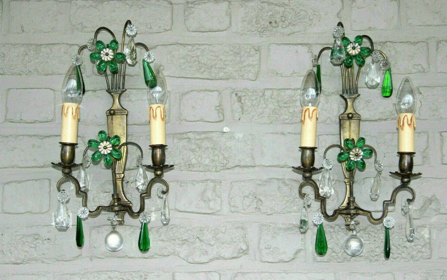 Pair of 1940s French Regency Emerald Green Crystal in Flower Form attributed to Maison Bagues Paris. Bronze framed. Stunning when lit and they show beautifully while off.