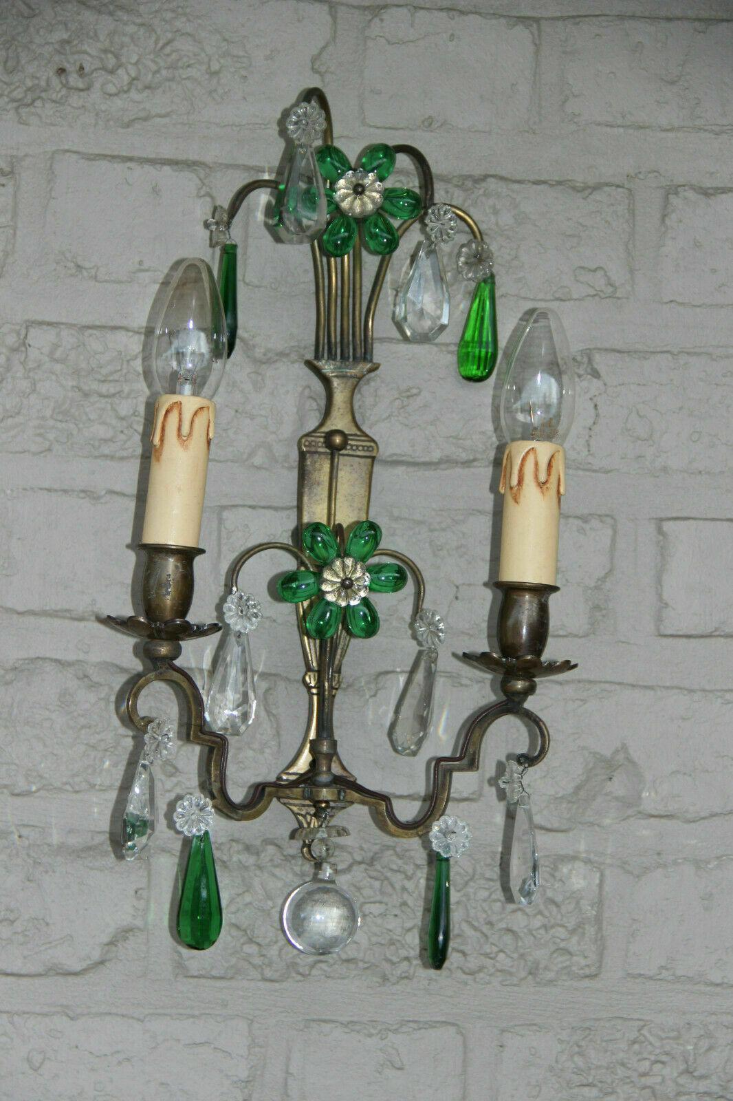 Mid-20th Century Pair 40s French Regency Emerald Green Crystal Floral Wall Sconces Maison Bagues For Sale