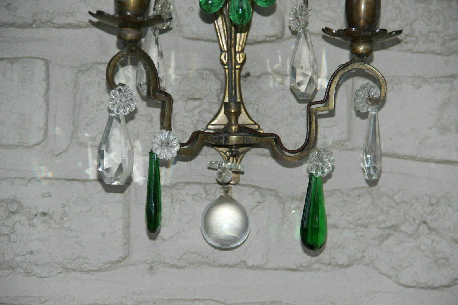 Pair 40s French Regency Emerald Green Crystal Floral Wall Sconces Maison Bagues For Sale 1
