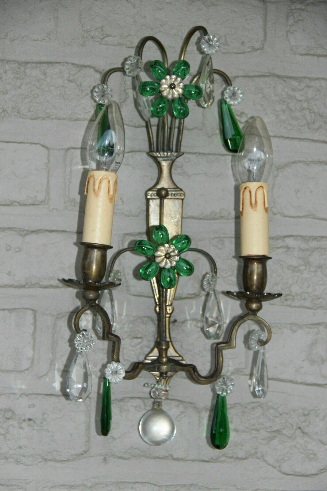 Pair 40s French Regency Emerald Green Crystal Floral Wall Sconces Maison Bagues For Sale 2
