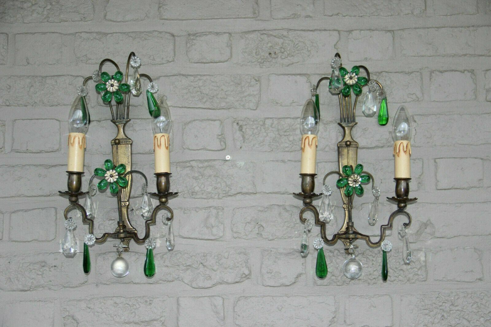 Pair 40s French Regency Emerald Green Crystal Floral Wall Sconces Maison Bagues For Sale 3