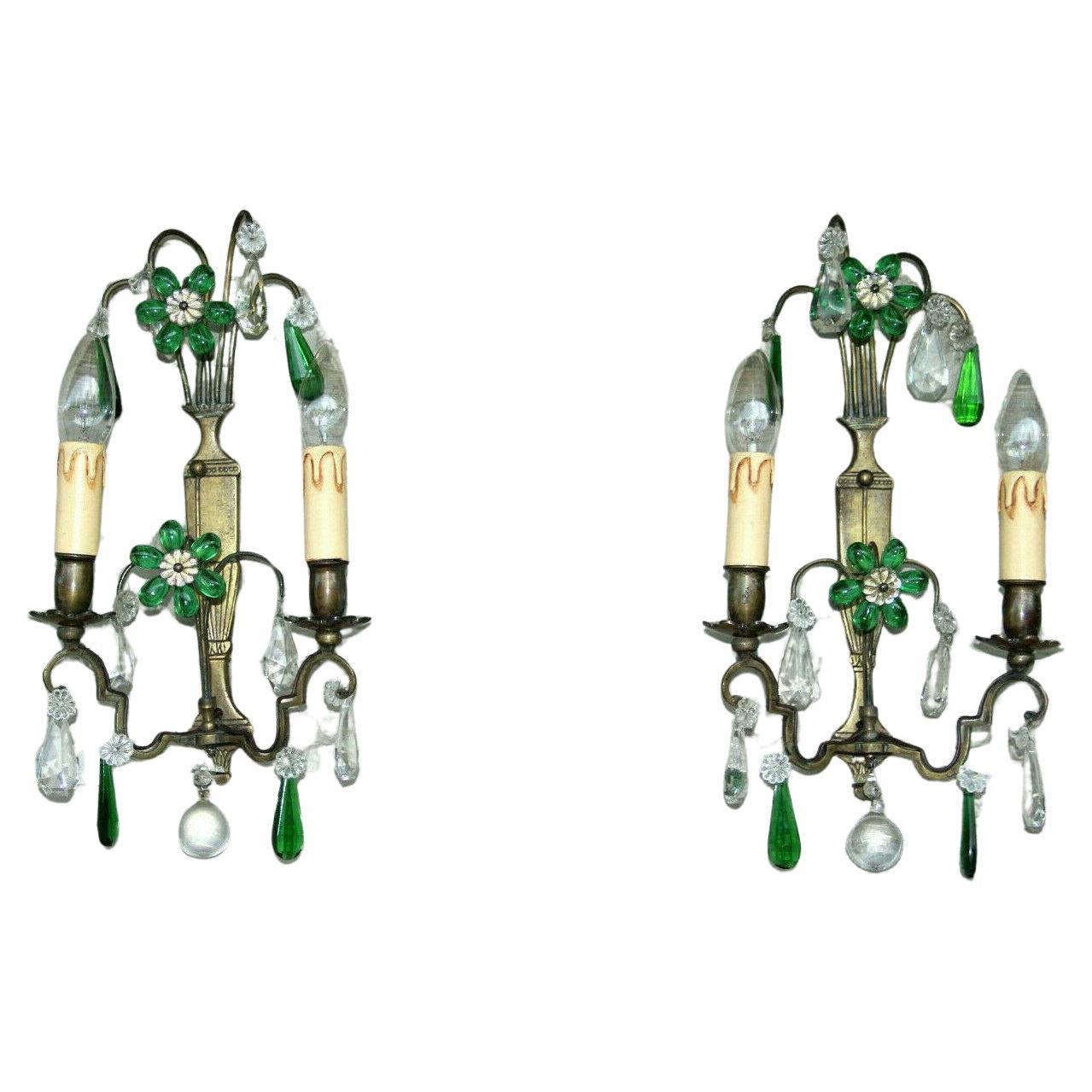 Pair 40s French Regency Emerald Green Crystal Floral Wall Sconces Maison Bagues For Sale