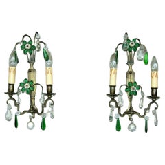 Pair 40s French Regency Emerald Green Crystal Floral Wall Sconces Maison Bagues