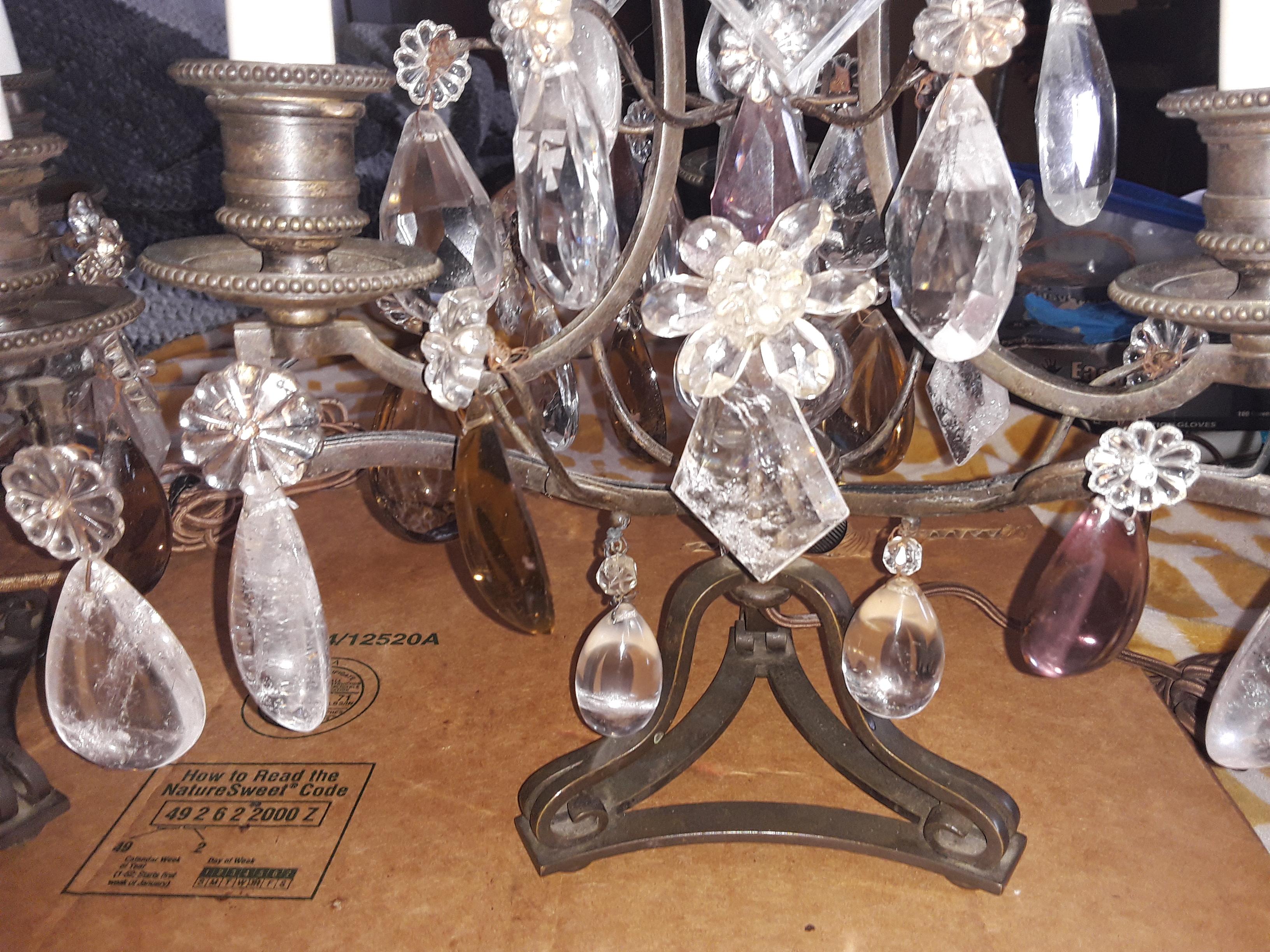 Pair 40s French Regency Iron & Rock Crystal Girandoles/ Lamps attr Maison Bagues For Sale 6