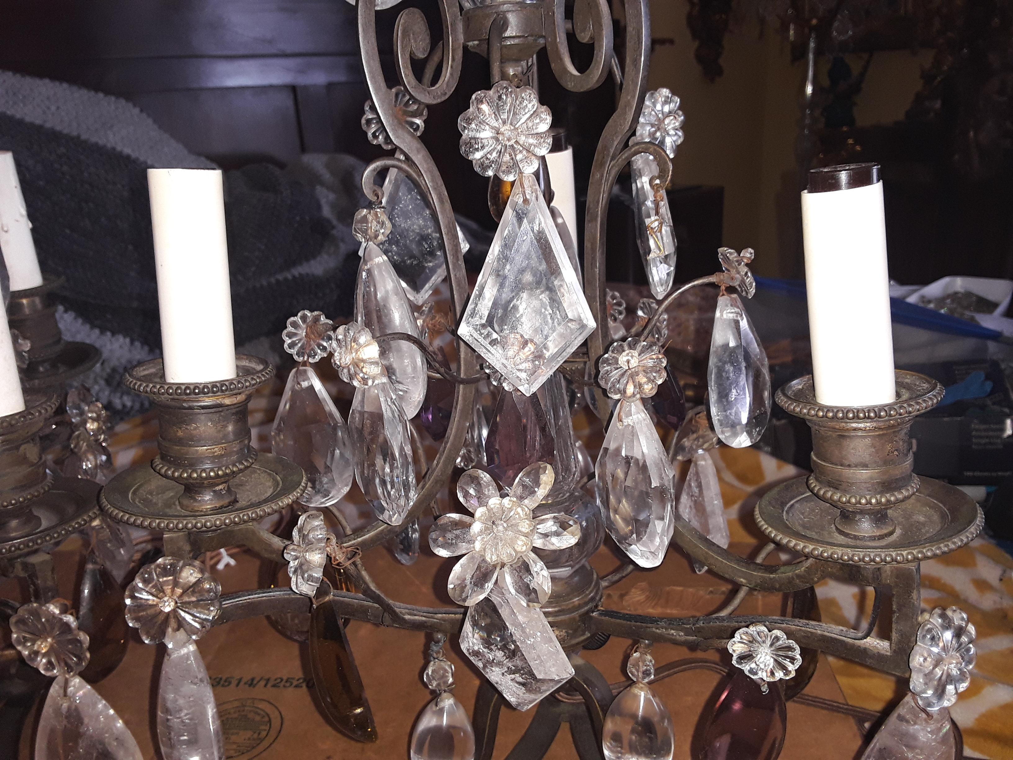 Pair 40s French Regency Iron & Rock Crystal Girandoles/ Lamps attr Maison Bagues For Sale 7