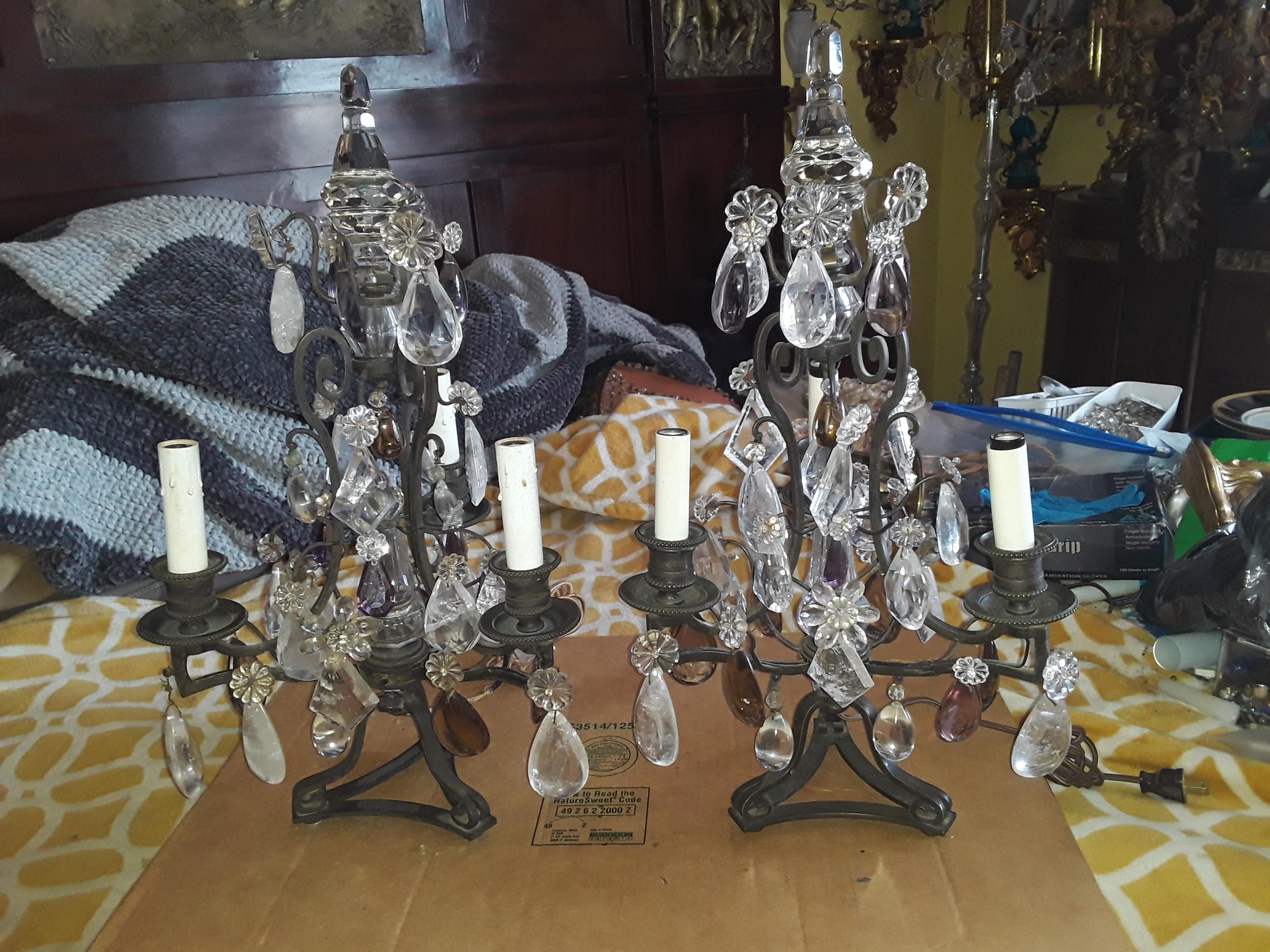 Pair 40s French Regency Iron & Rock Crystal Girandoles/ Lamps attr Maison Bagues For Sale 10