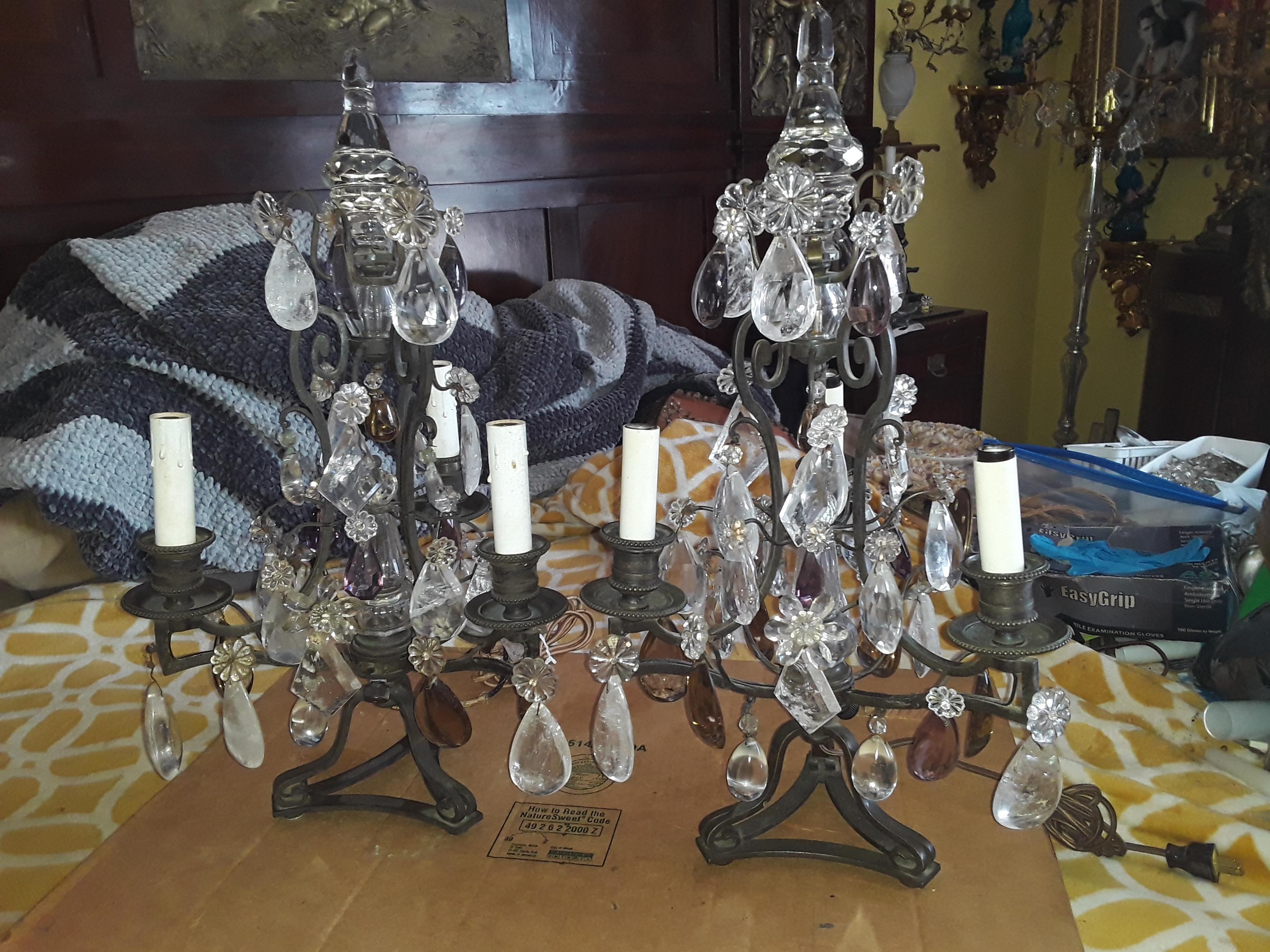 Pair 1940's French Hollywood Regency Rock Crystal & Amethyst Crystal Table Lamps/ Girandoles/ Electrified Candelabrum. These are glamorous, weighty and original - very high quality. Patinated iron frame, rock crystal, crystal flowers. Attributed to