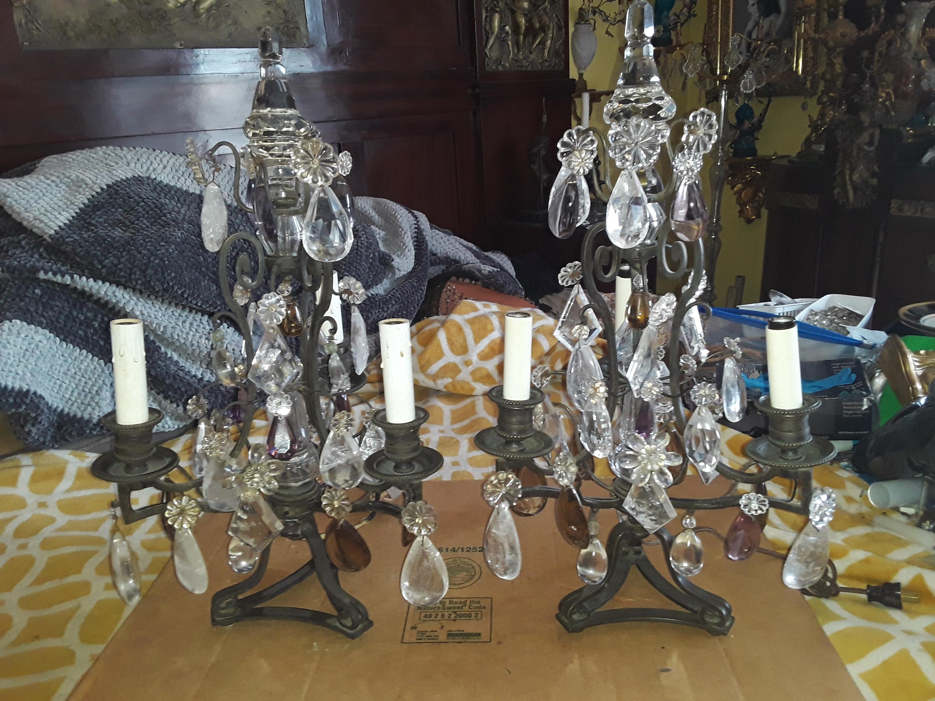 Pair 40s French Regency Iron & Rock Crystal Girandoles/ Lamps attr Maison Bagues In Good Condition For Sale In Opa Locka, FL