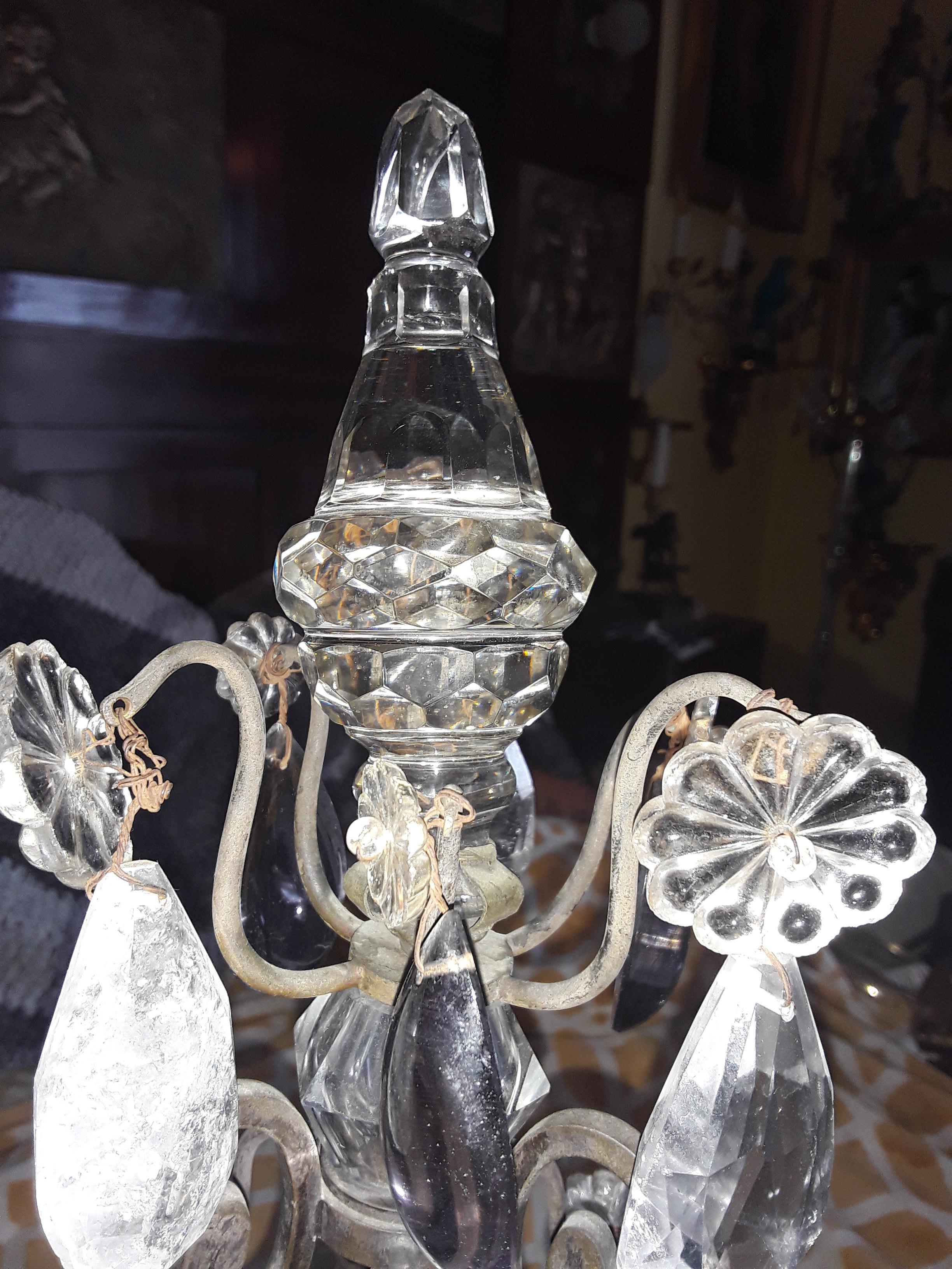 Mid-20th Century Pair 40s French Regency Iron & Rock Crystal Girandoles/ Lamps attr Maison Bagues For Sale