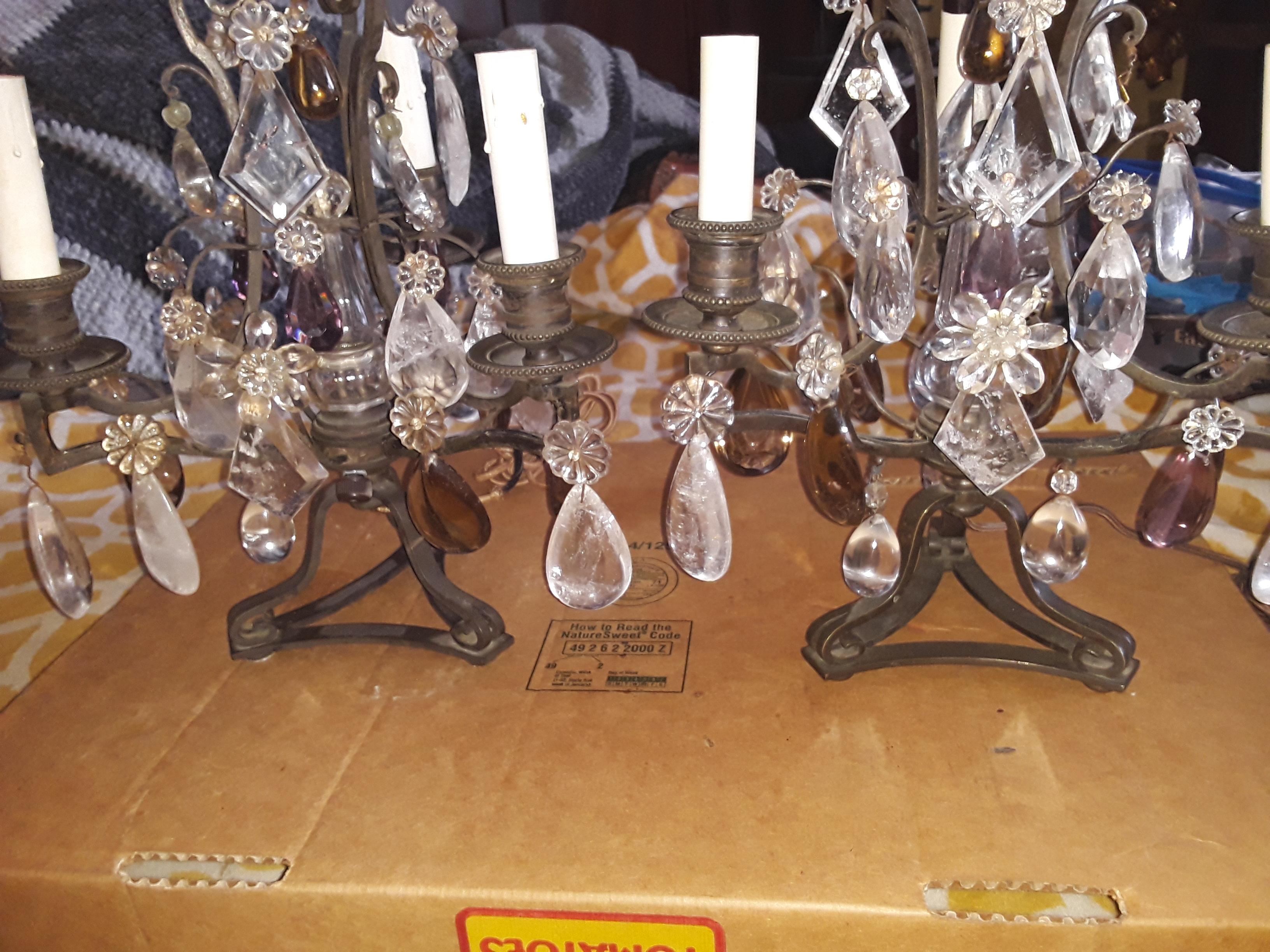 Pair 40s French Regency Iron & Rock Crystal Girandoles/ Lamps attr Maison Bagues For Sale 1