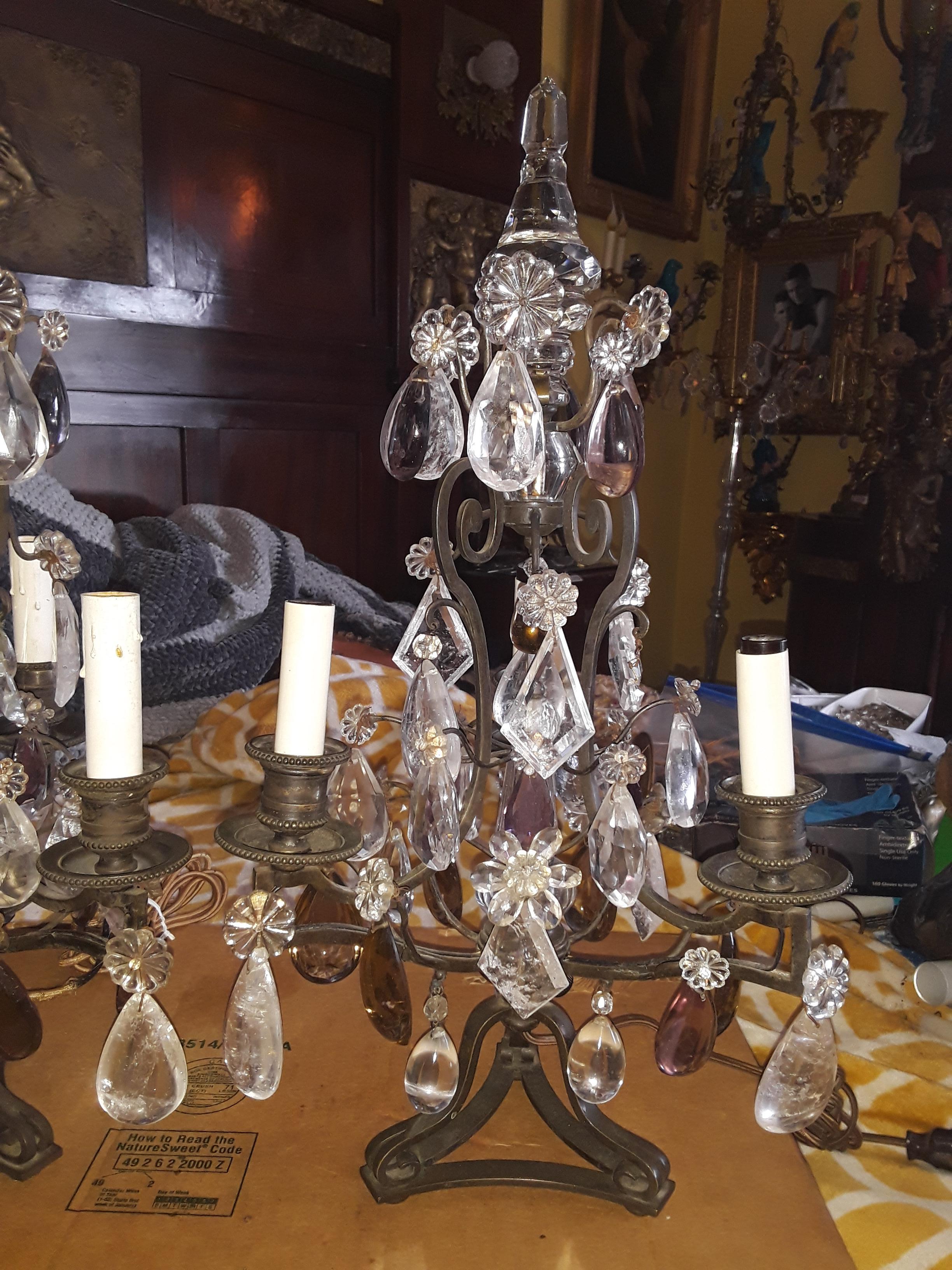 Pair 40s French Regency Iron & Rock Crystal Girandoles/ Lamps attr Maison Bagues For Sale 2
