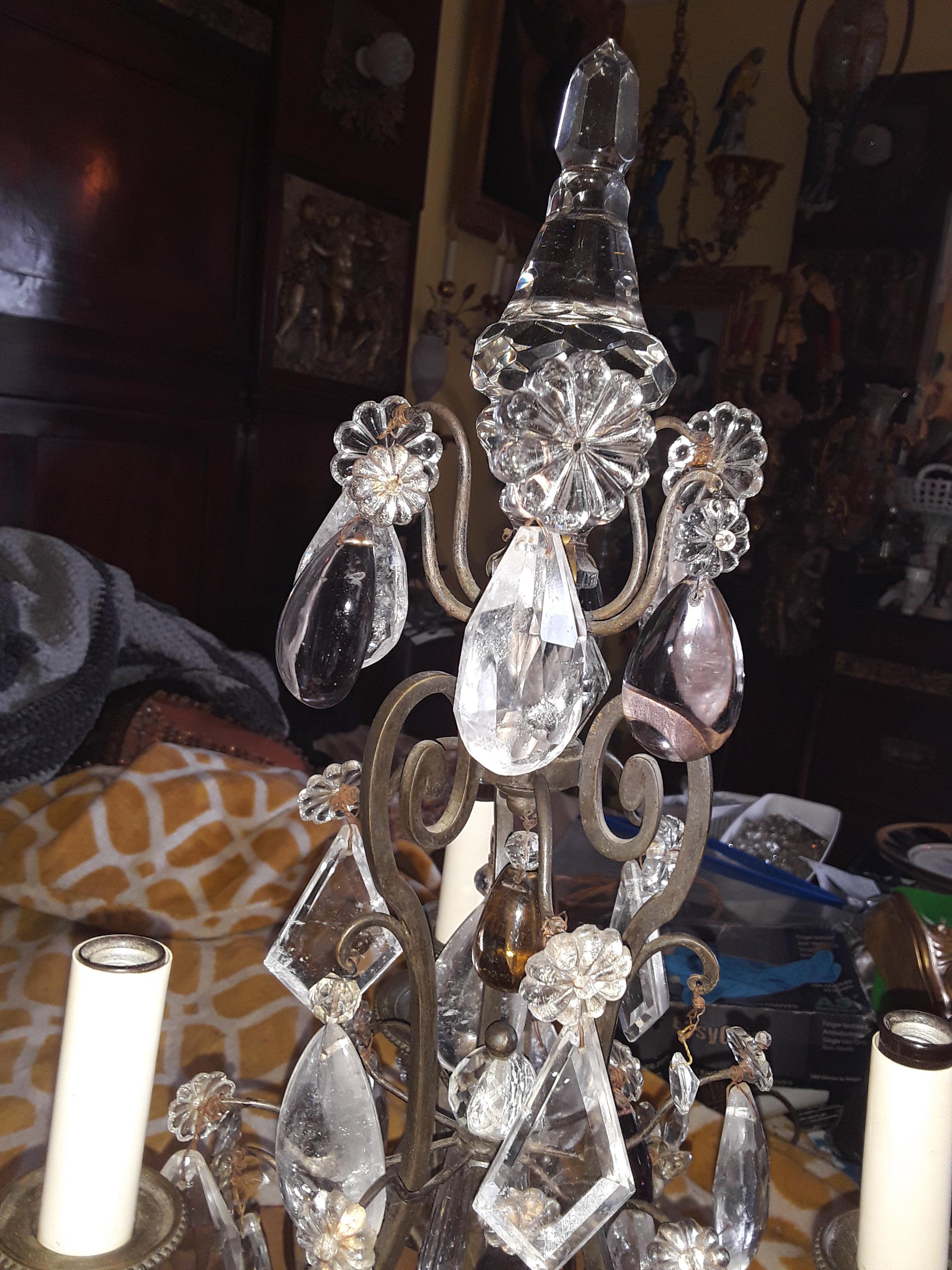 Pair 40s French Regency Iron & Rock Crystal Girandoles/ Lamps attr Maison Bagues For Sale 3