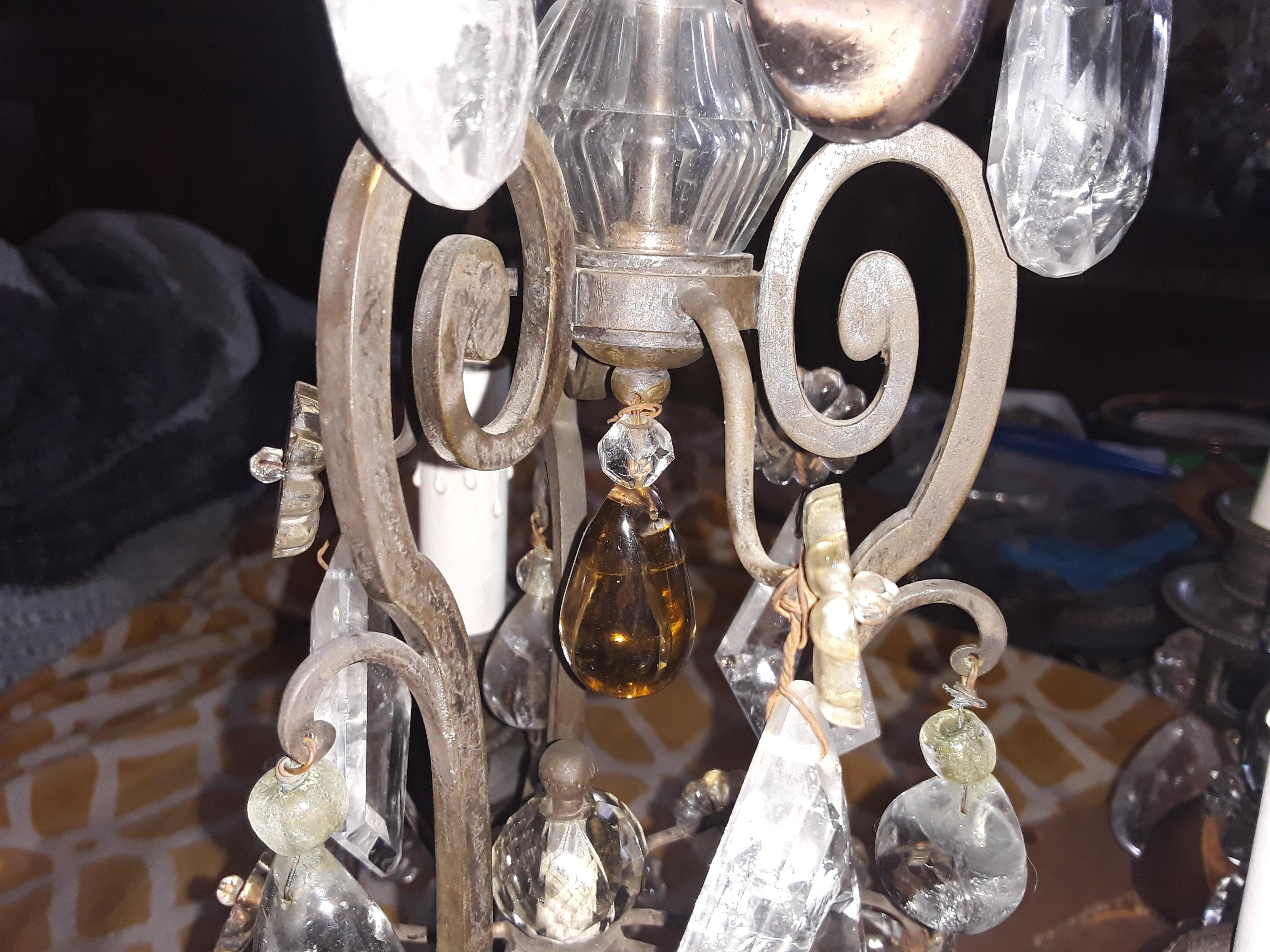 Pair 40s French Regency Iron & Rock Crystal Girandoles/ Lamps attr Maison Bagues For Sale 4