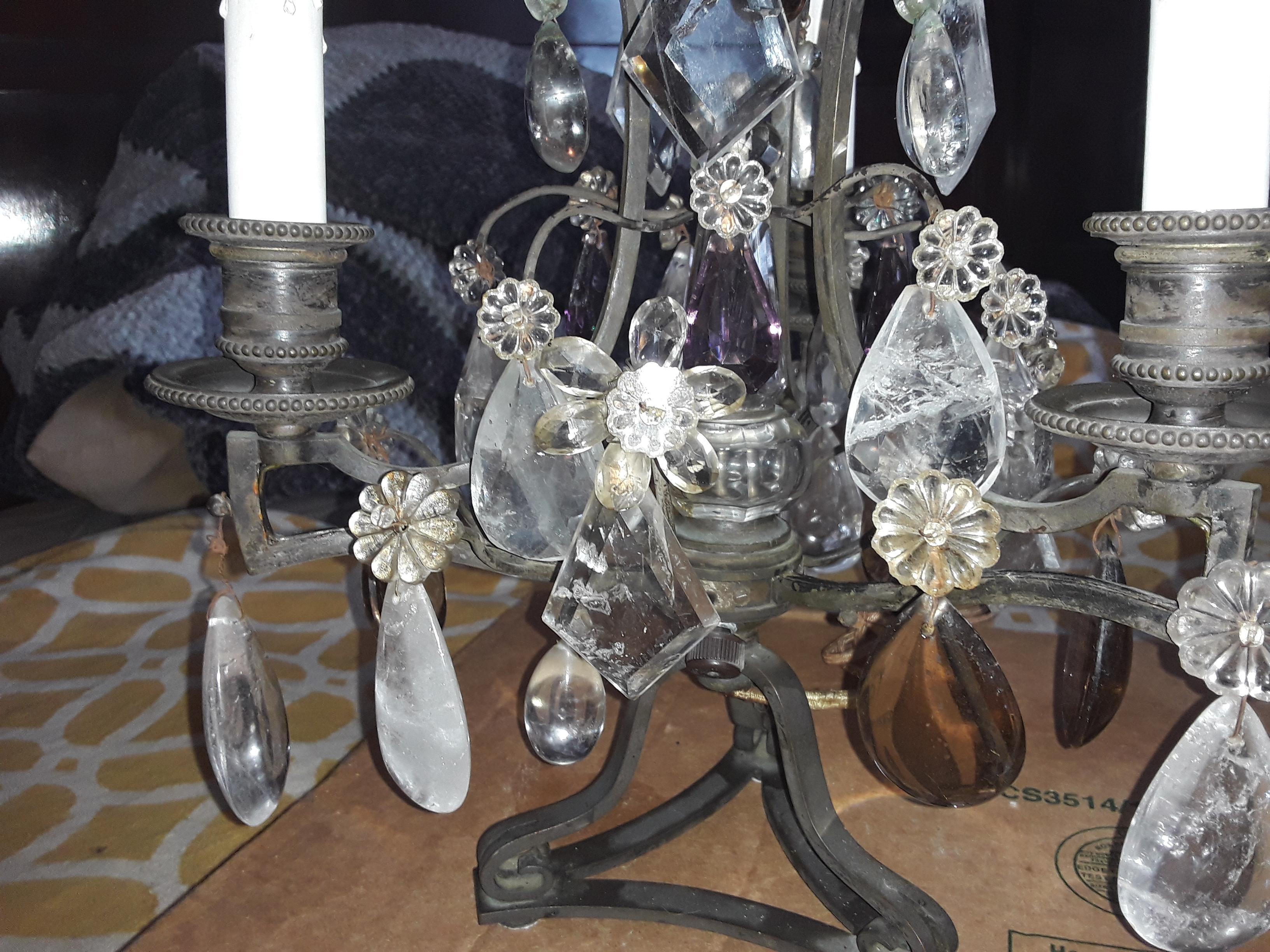 Pair 40s French Regency Iron & Rock Crystal Girandoles/ Lamps attr Maison Bagues For Sale 5