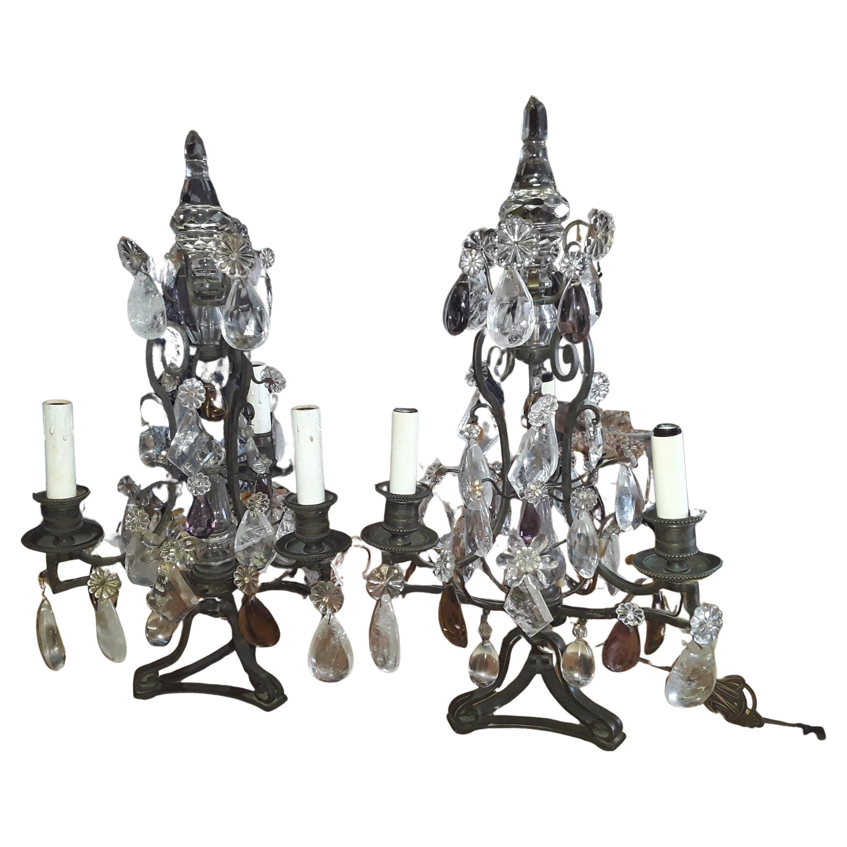 Pair 40s French Regency Iron & Rock Crystal Girandoles/ Lamps attr Maison Bagues For Sale