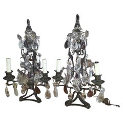 Pair 40s French Regency Iron & Rock Crystal Girandoles/ Lamps attr Maison Bagues