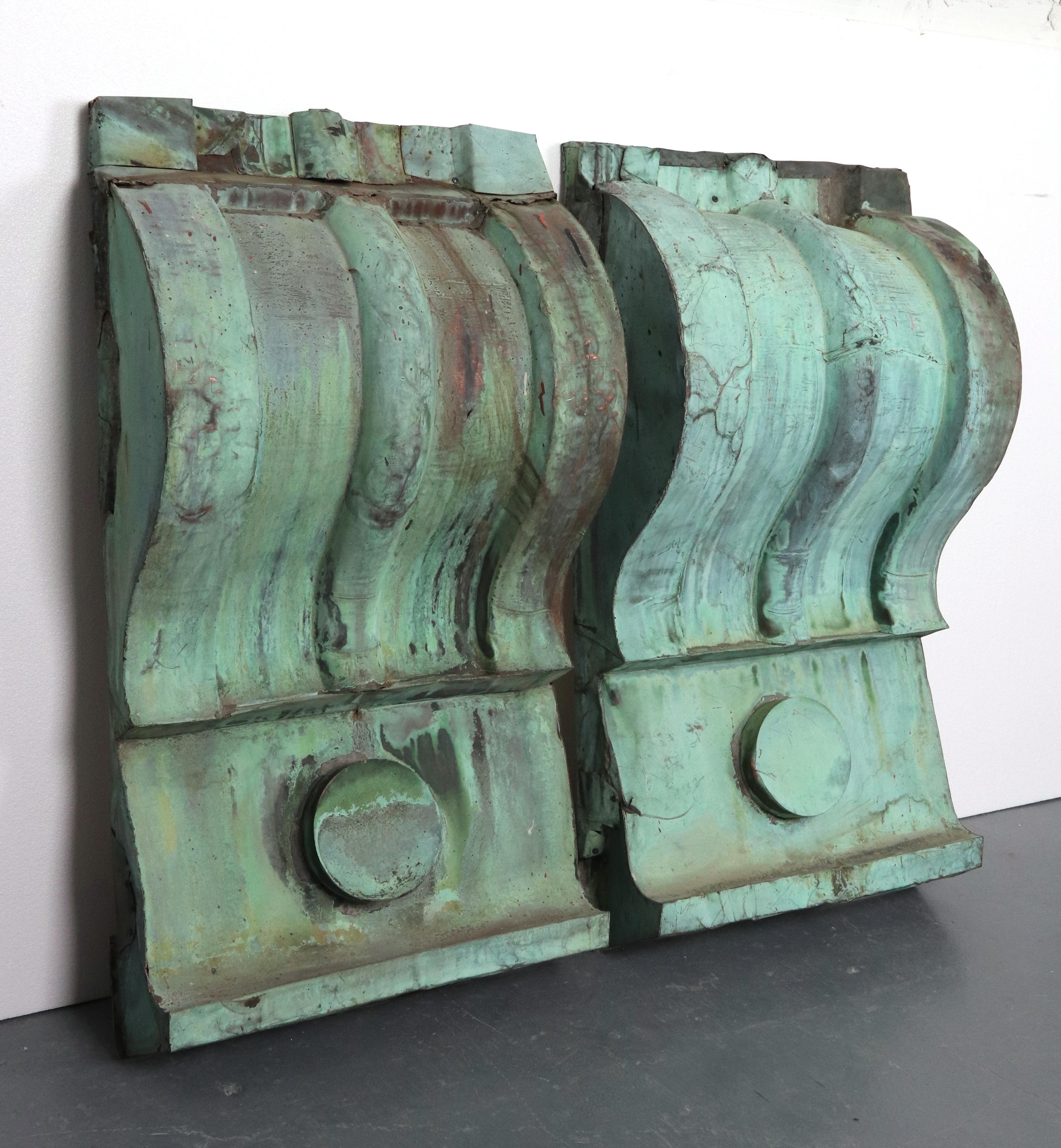 American Pair 41.5 in. Reclaimed Antique Verdigris Copper Corbels For Sale