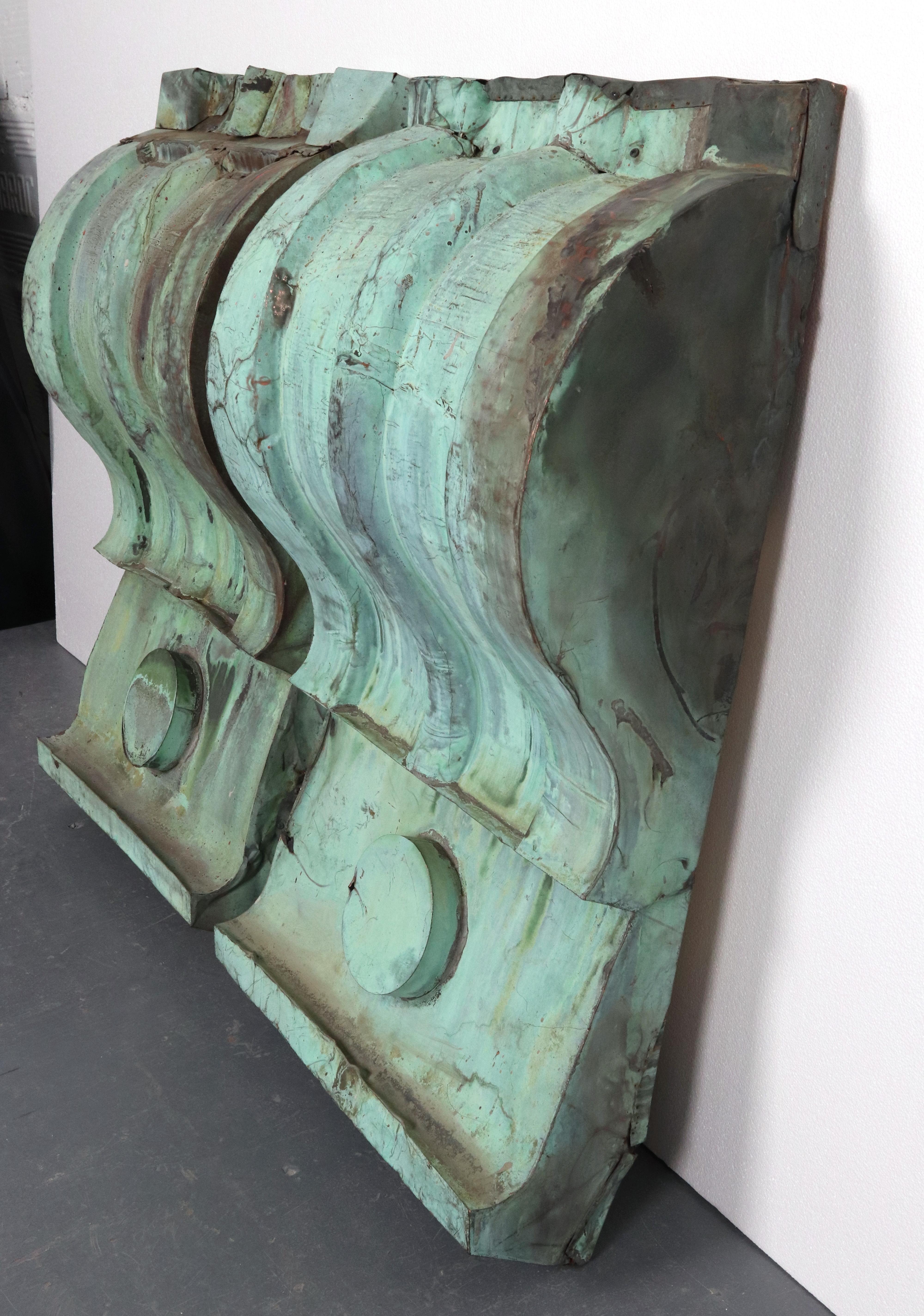 Pair 41.5 in. Reclaimed Antique Verdigris Copper Corbels In New Condition For Sale In New York, NY