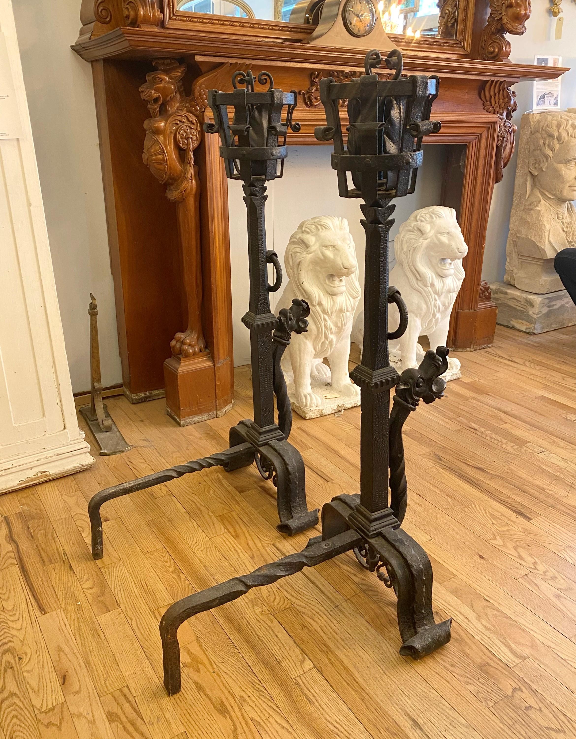 Pair 47 in. 19th Cent. Griffin Hand Wrought Black Andirons For Sale 7
