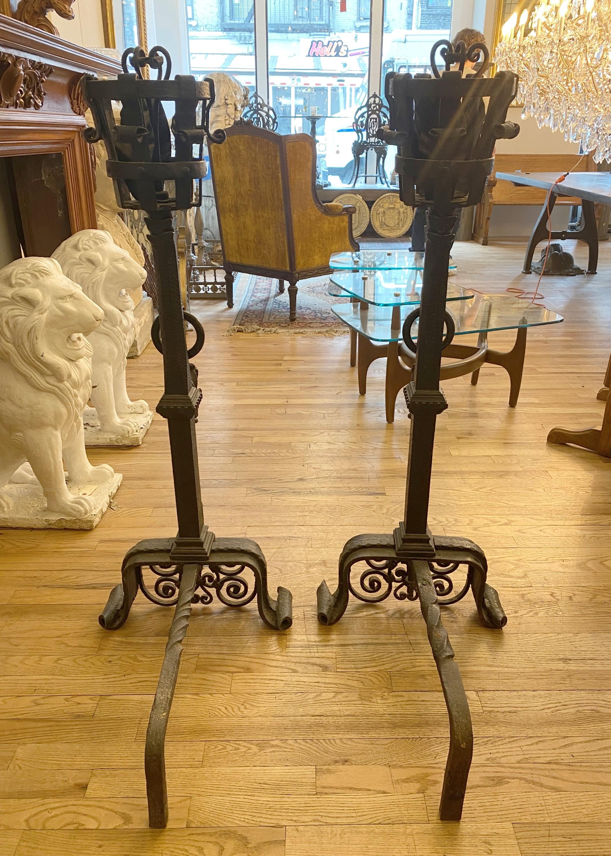 Pair 47 in. 19th Cent. Griffin Hand Wrought Black Andirons For Sale 8