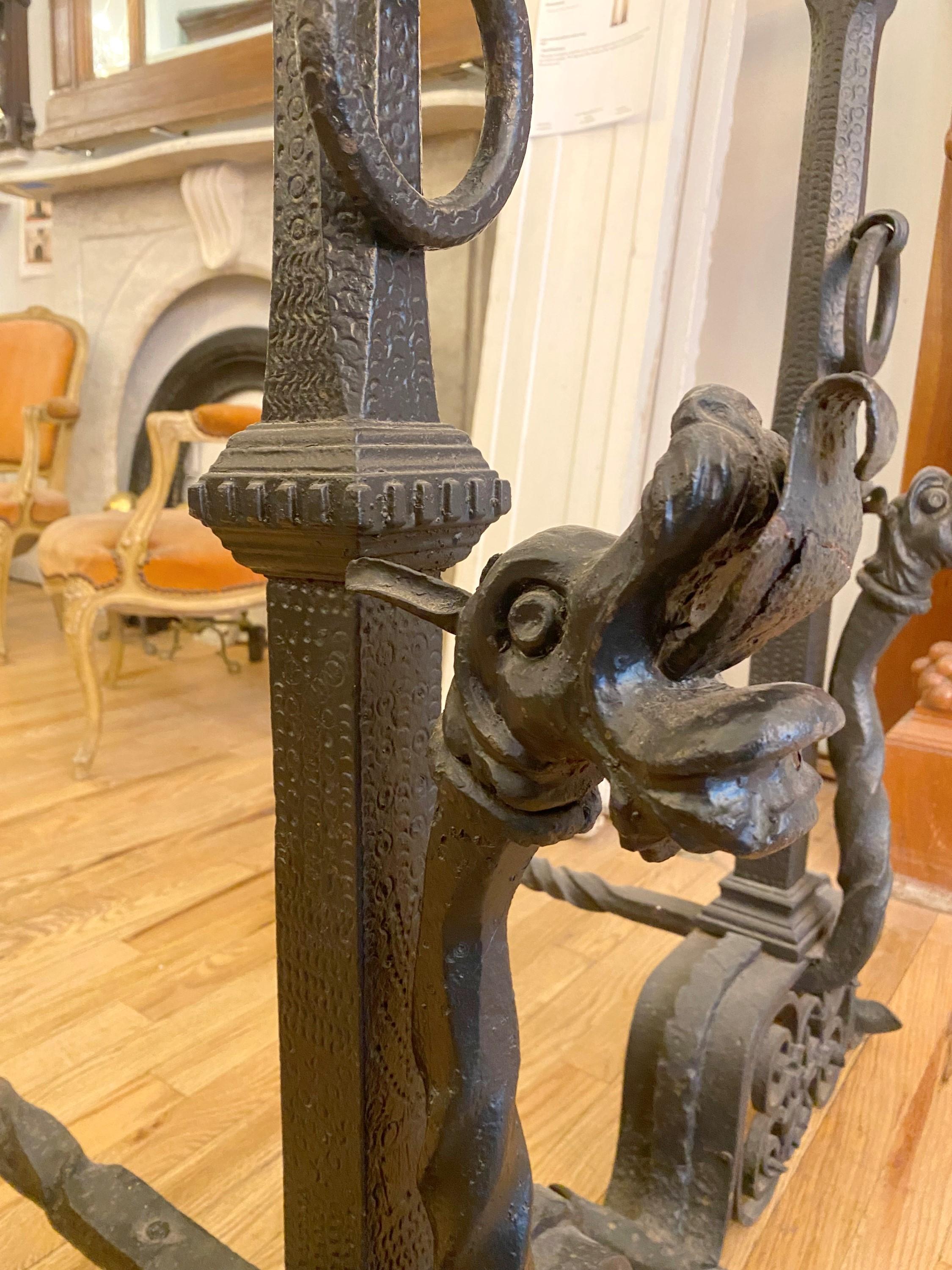 Pair 47 in. 19th Cent. Griffin Hand Wrought Black Andirons For Sale 3