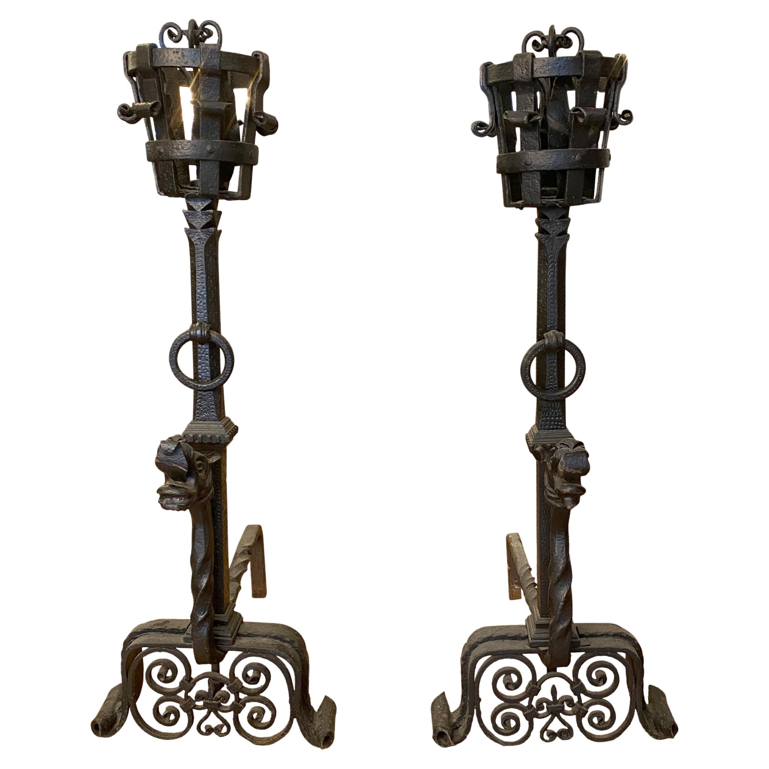 Pair 47 in. 19th Cent. Griffin Hand Wrought Black Andirons For Sale