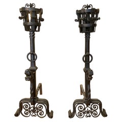 Antique Pair 47 in. 19th Cent. Griffin Hand Wrought Black Andirons