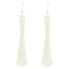 Pair 5' Tall Large Oversize Twisted Column Square Base White Lacquer Floor Lamps