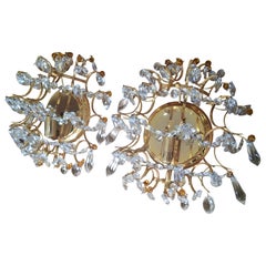 Pair 50's Hollywood Regency Gilt 24k with Crystal 1/2 Orb Wall Sconces att Palwa