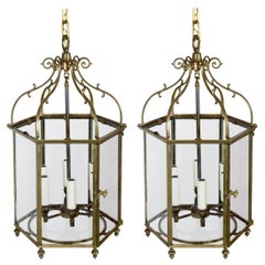 Pair 6-Light Bronze and Glass Lanterns with Hand Shaped Latches