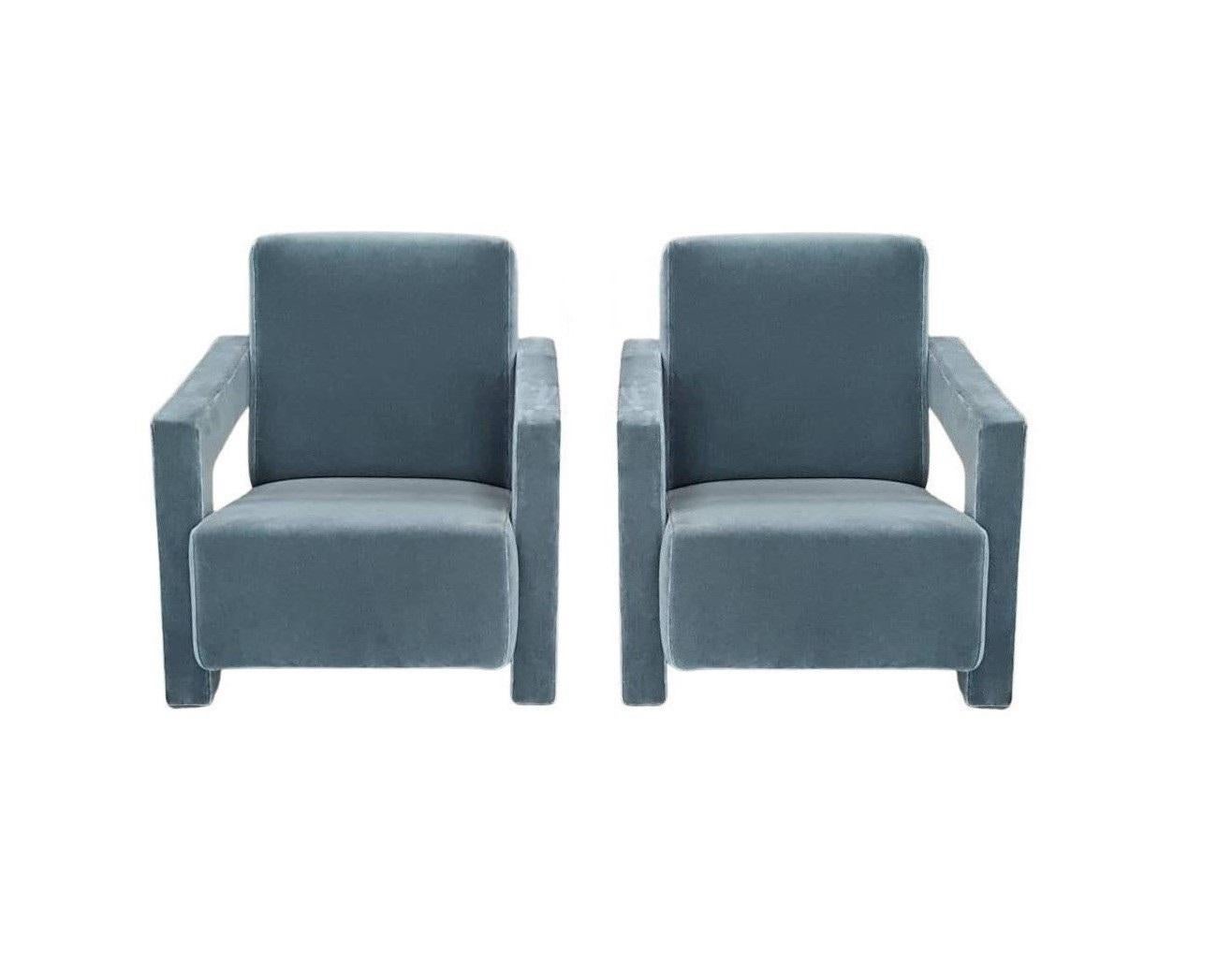 Pair 637 Utrecht Armchairs in a Dust Blue Mohair by Rietveld for Cassina In Excellent Condition In Dallas, TX