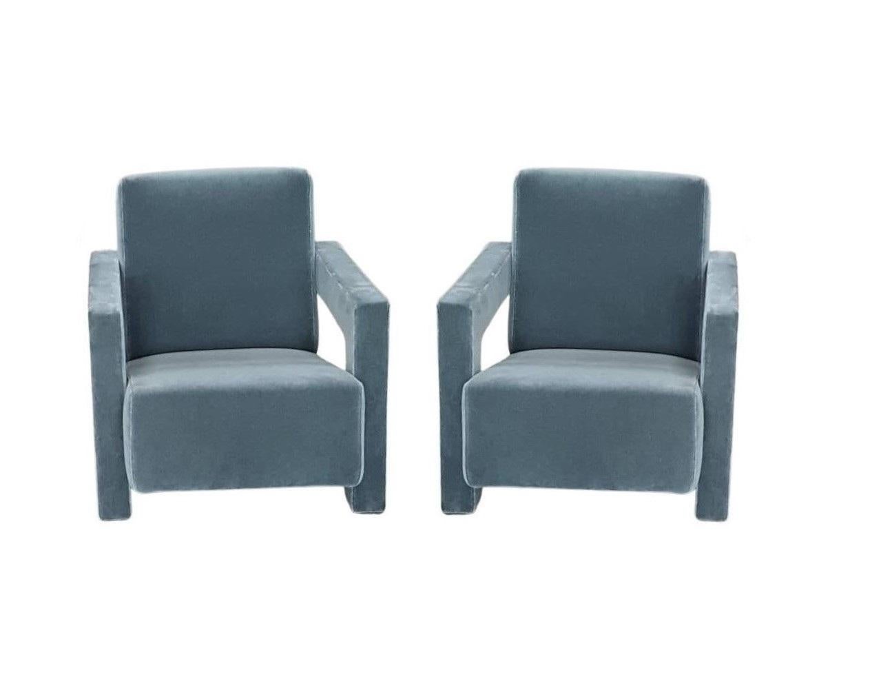 Late 20th Century Pair 637 Utrecht Armchairs in a Dust Blue Mohair by Rietveld for Cassina