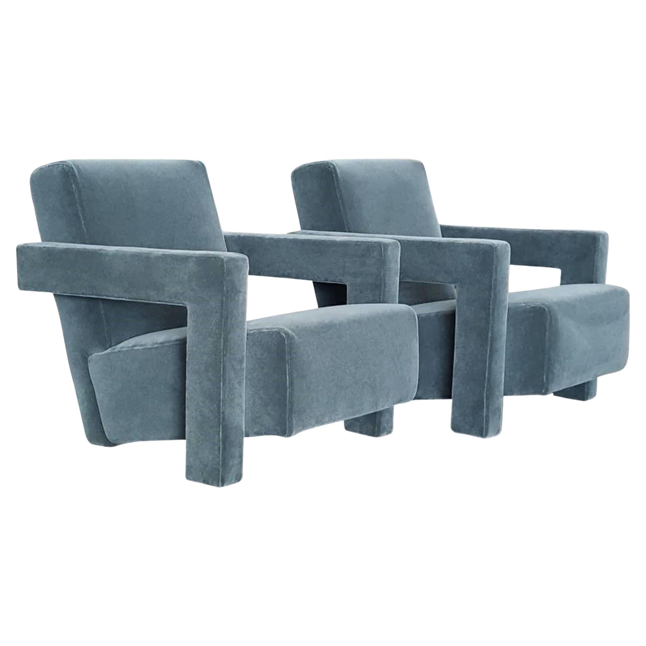 Pair 637 Utrecht Armchairs in a Dust Blue Mohair by Rietveld for Cassina