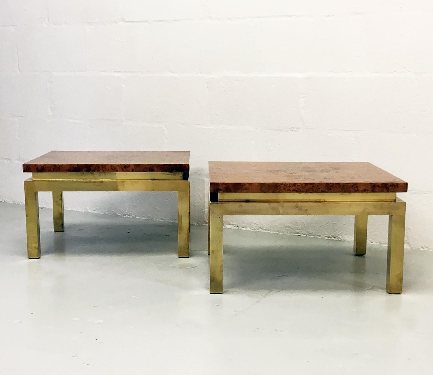Super stylish pair of 1970s French decorative burr walnut and brass side tables designed by Guy Lefevre for Maison Jansen, Paris.
They are in good original vintage condition and display very well. The burr walnut tops are heavily lacquered, which
