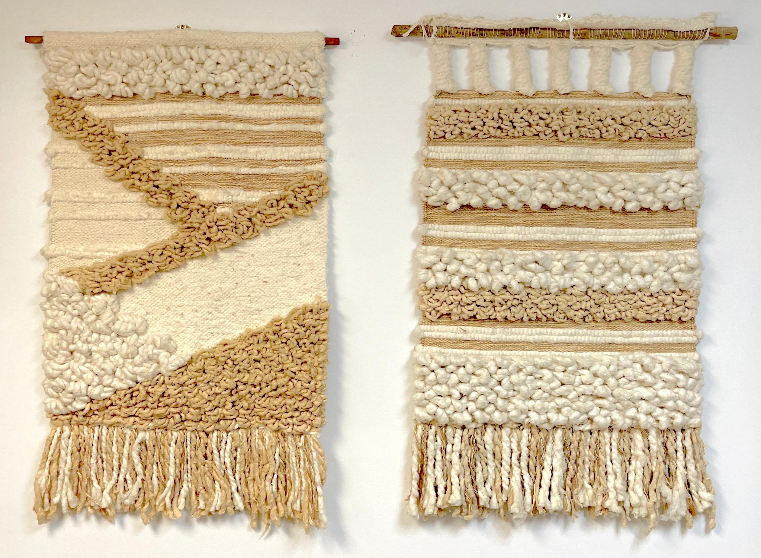 Pair 70s woven Oaxaca School abstract fiber art tapestries, A fine companion pair, from the Ole Oaxaca School, one titled 'Zig-Zag' , the other number '3', (resembling a landscape) woven in beautiful earth tone colors mounted on wooded rods. 
Zig