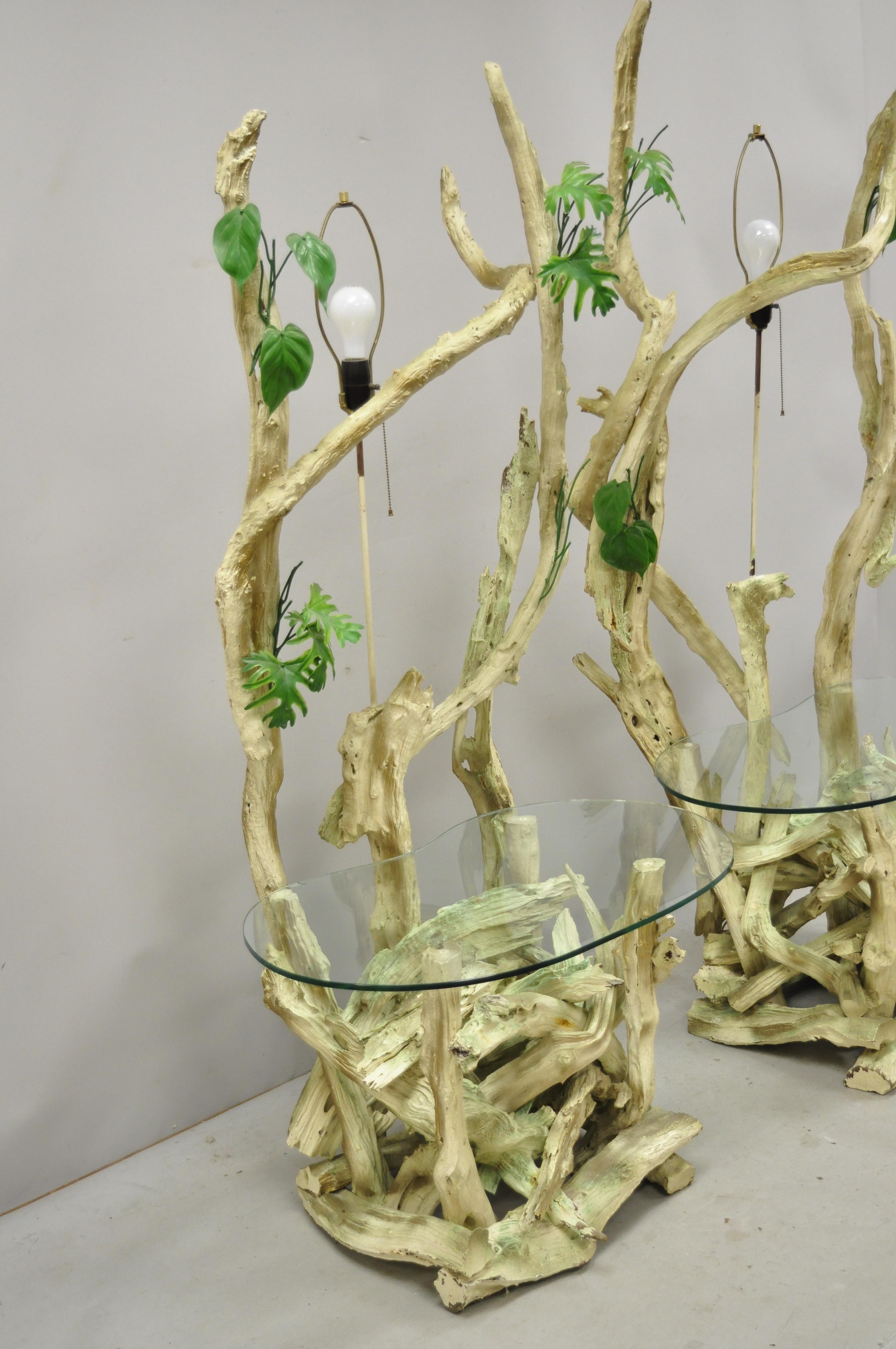 Paar Driftwood Mid-Century Modern Tiki Dschungel Lampe End Tische Nieren Glas im Angebot 5