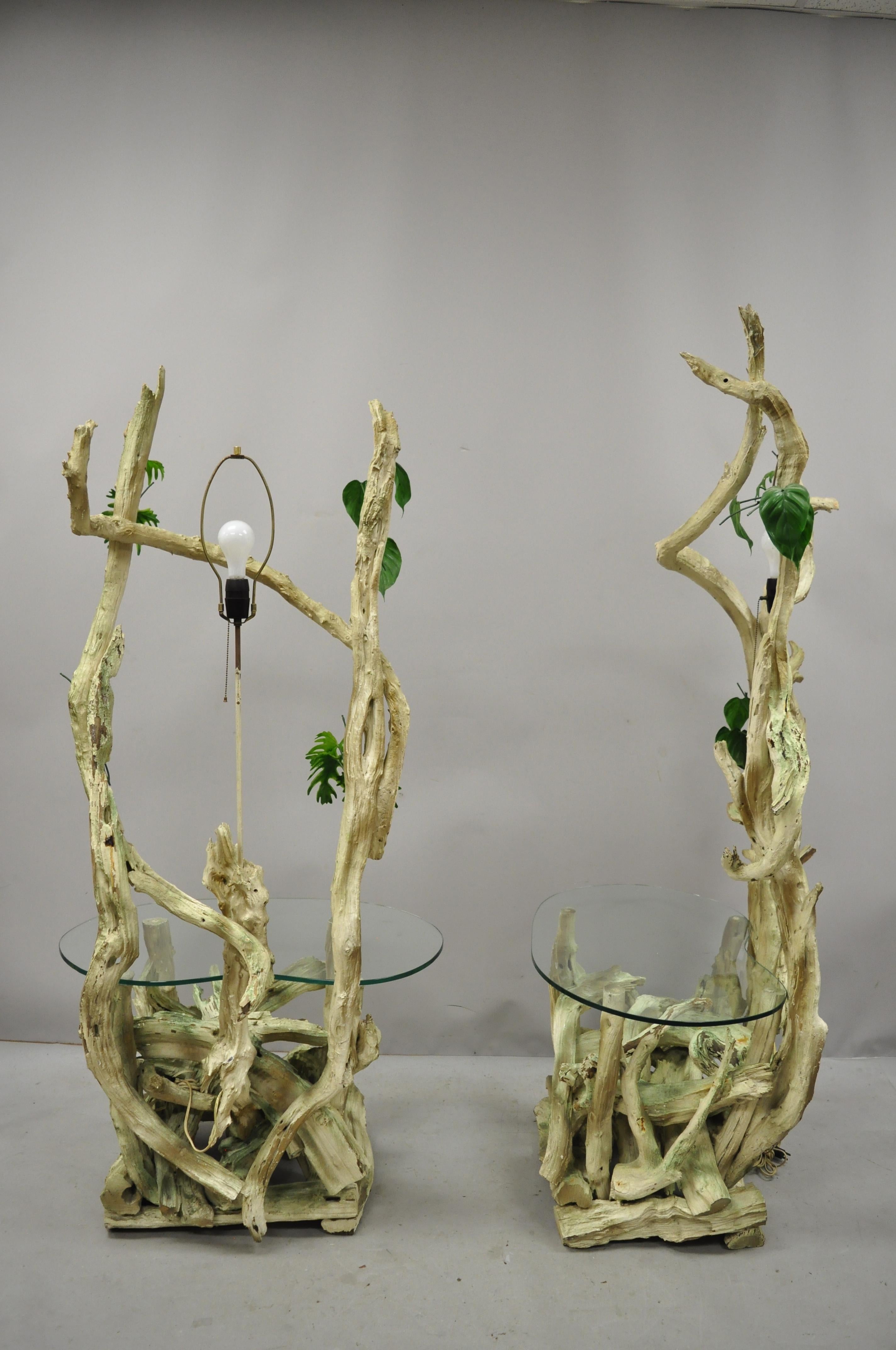 Pair of Driftwood Mid-Century Modern Tiki Jungle Lamp End Tables Kidney Glass For Sale 7