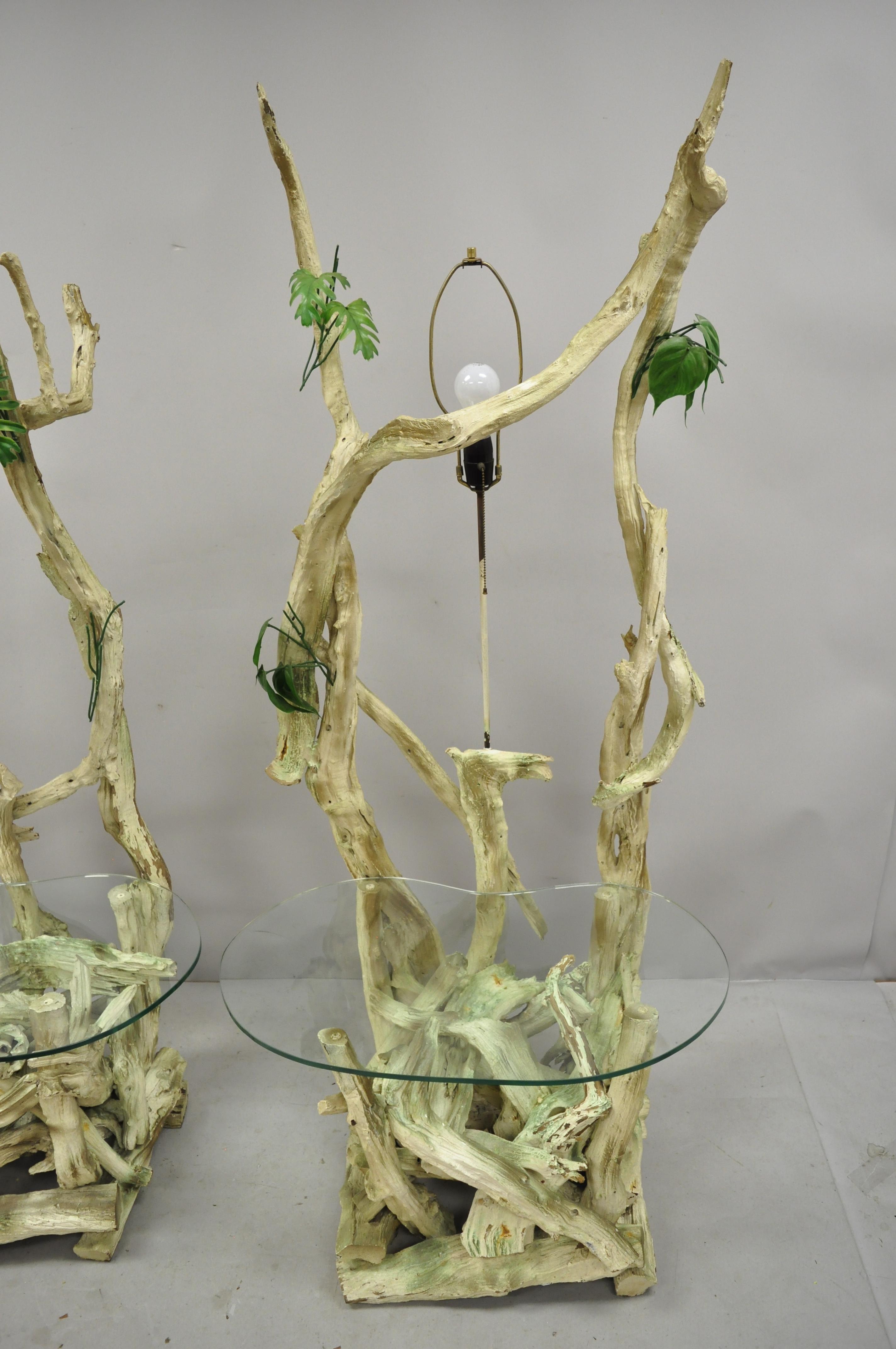 Pair of Driftwood Mid-Century Modern Tiki Jungle Lamp End Tables Kidney Glass In Good Condition For Sale In Philadelphia, PA
