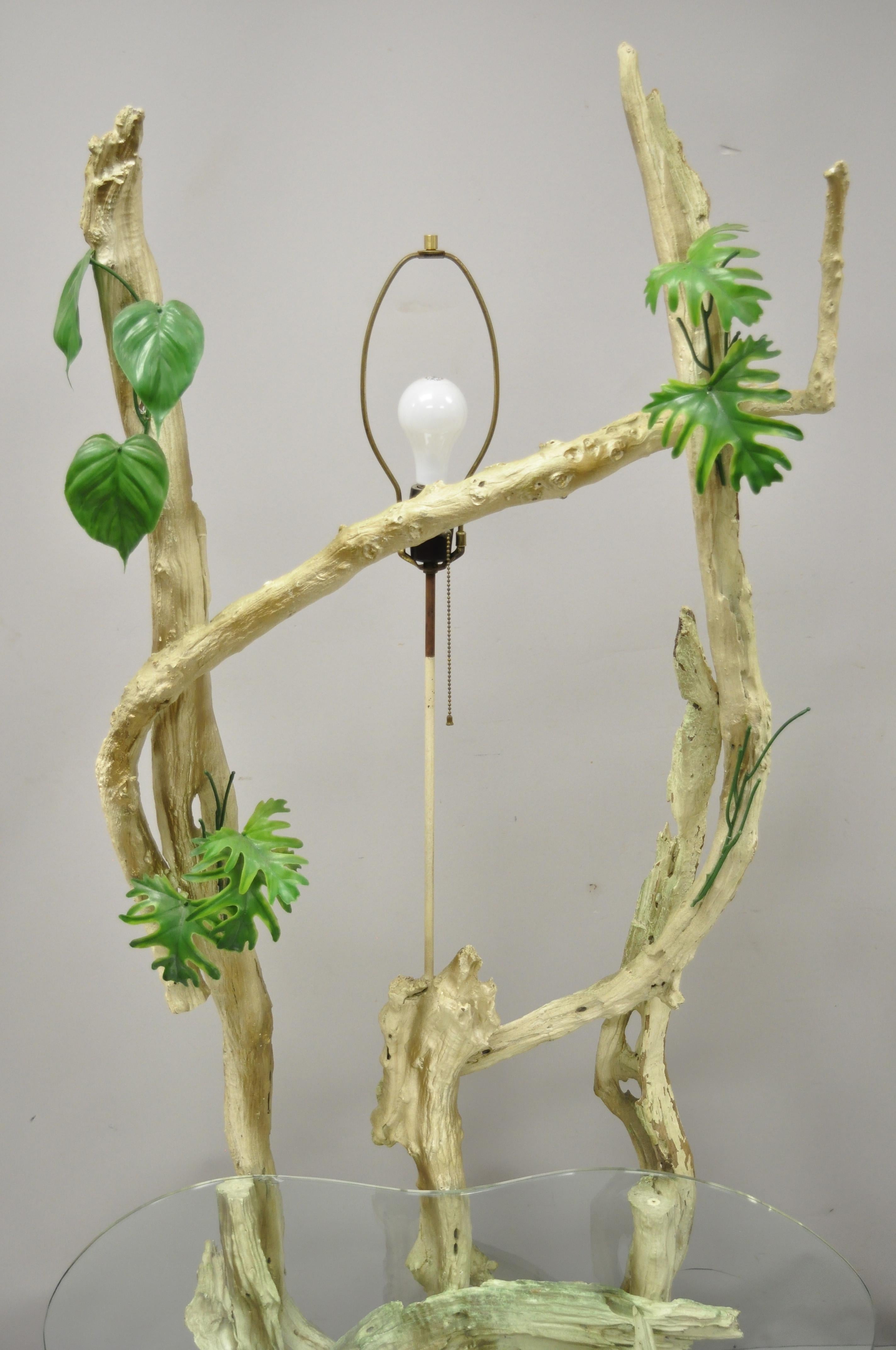 Paar Driftwood Mid-Century Modern Tiki Dschungel Lampe End Tische Nieren Glas im Zustand „Gut“ im Angebot in Philadelphia, PA