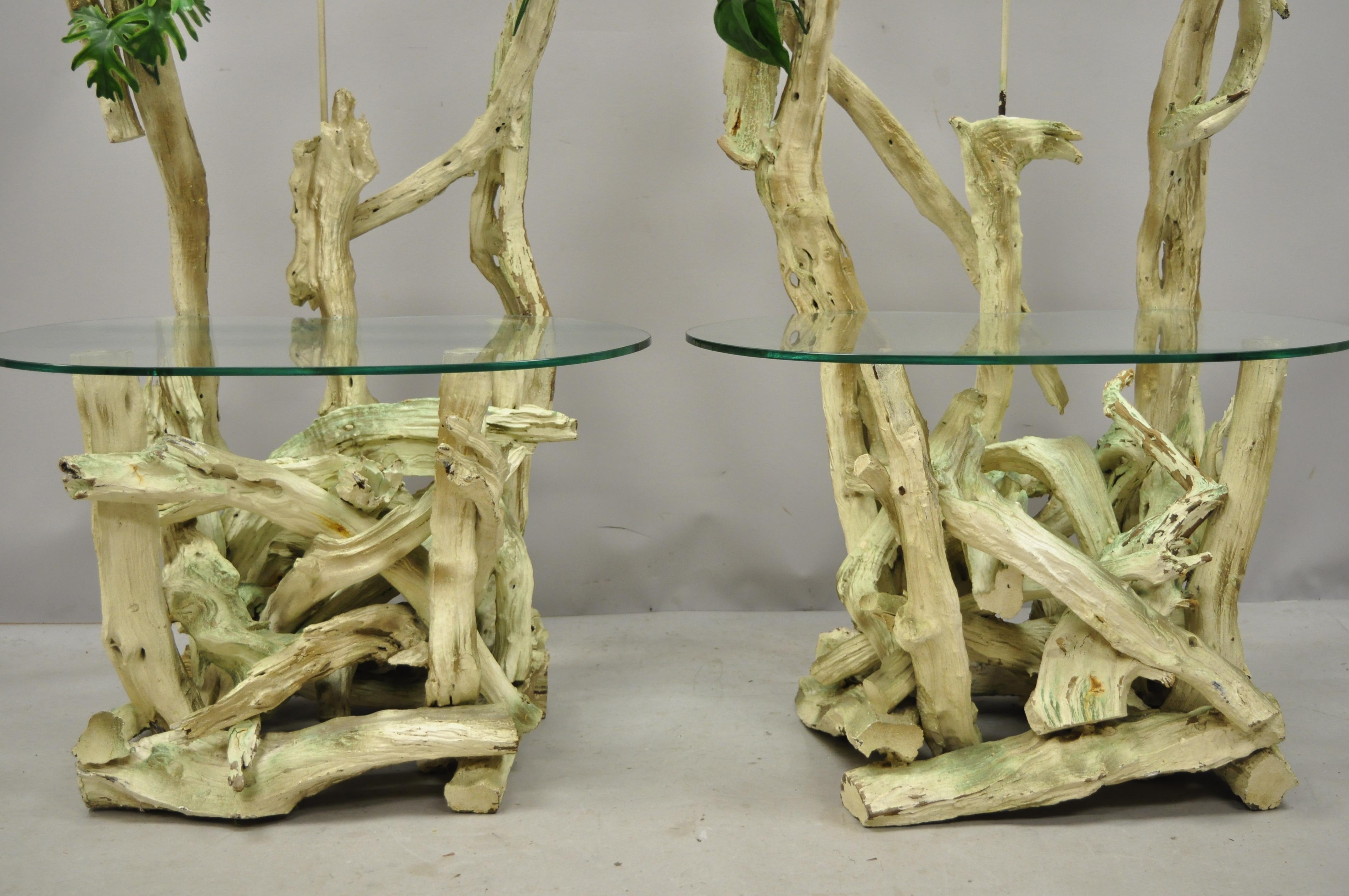 Pair of Driftwood Mid-Century Modern Tiki Jungle Lamp End Tables Kidney Glass For Sale 1