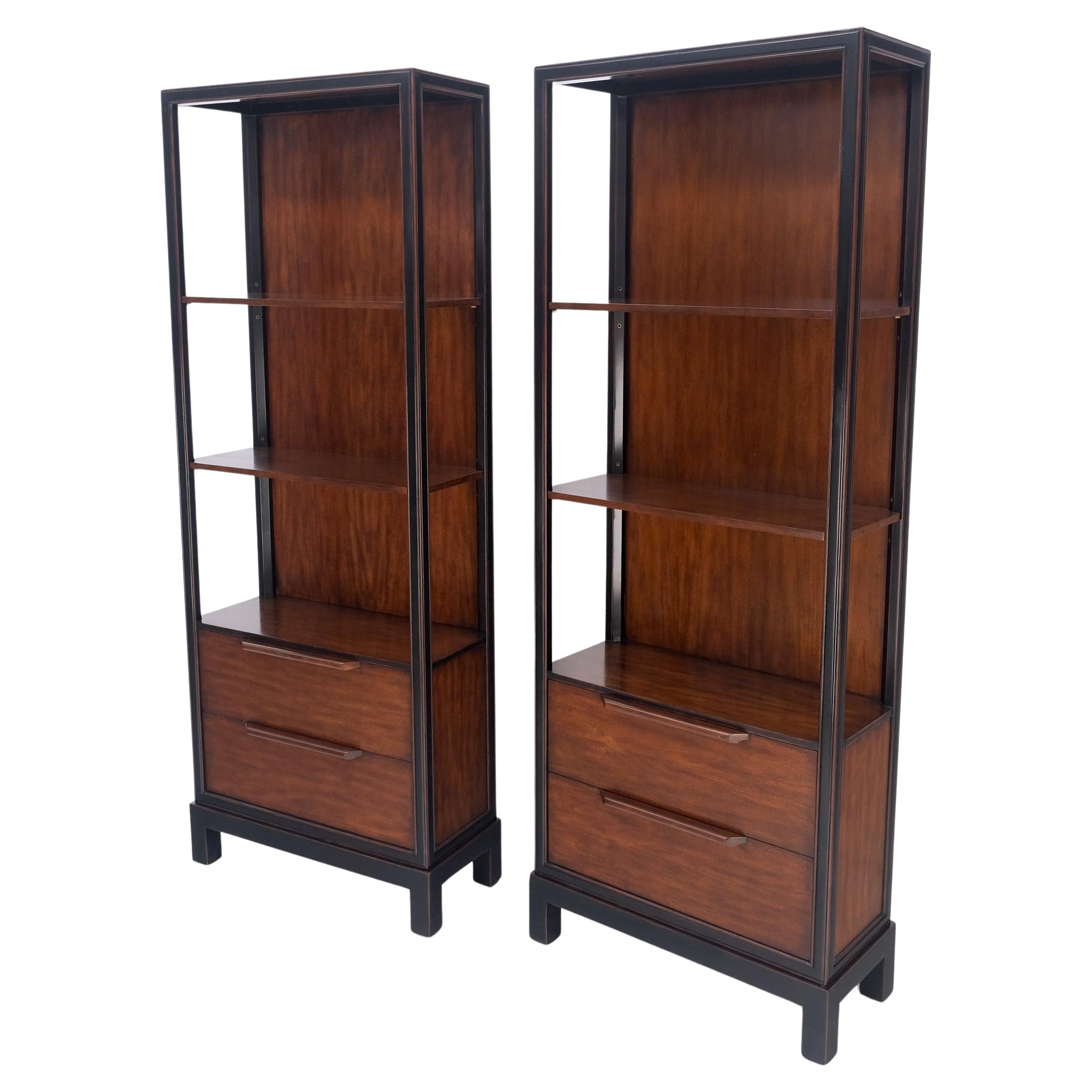 Pair 7.5' Tall Custom Mahogany Etageres Adjustable Shelves Wall Units Dresser Drawers MINT!