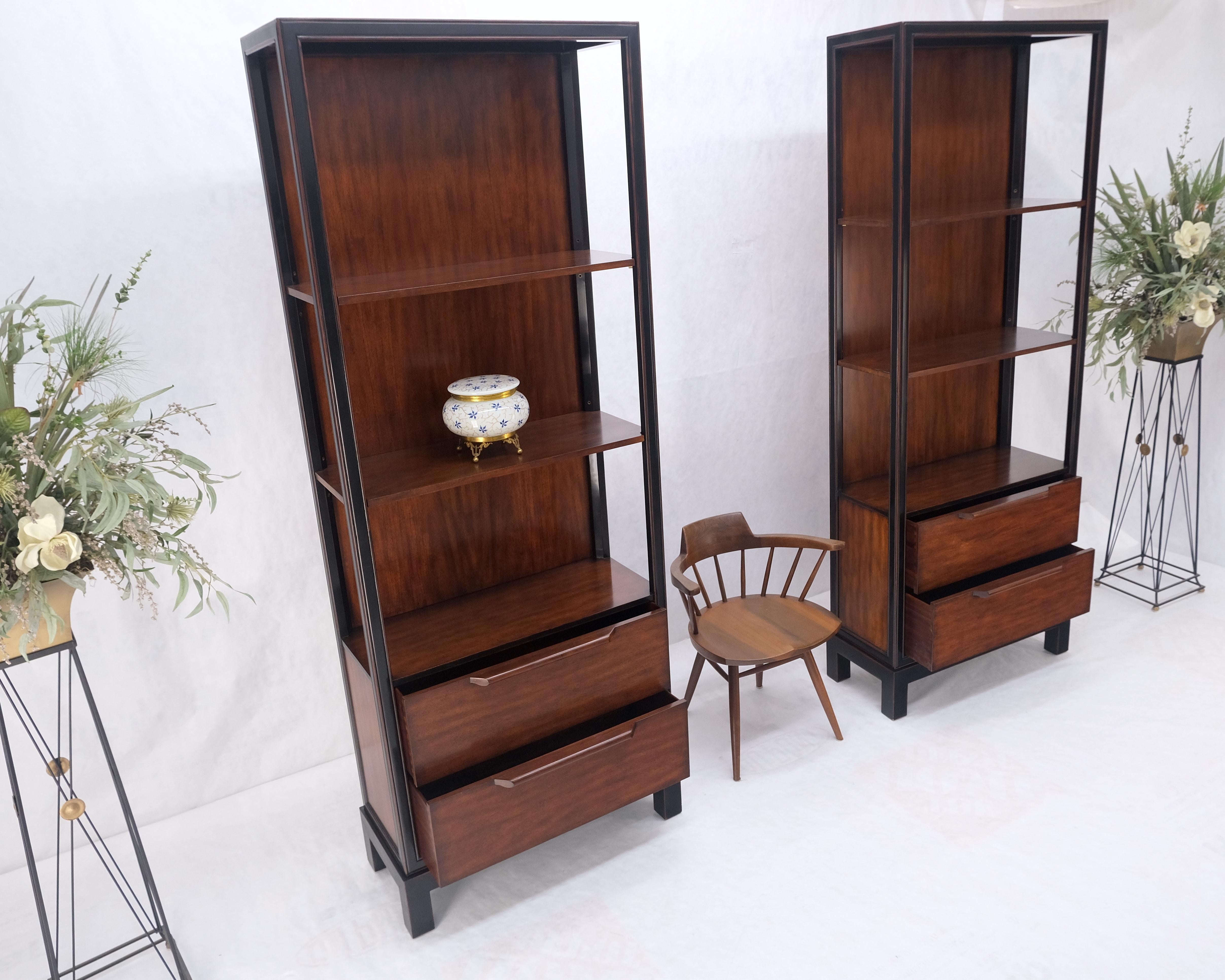 Mid-Century Modern Pair 7.5' Tall Custom Mahogany Etageres Adjustable Shelves Dresser Drawers MINT! For Sale