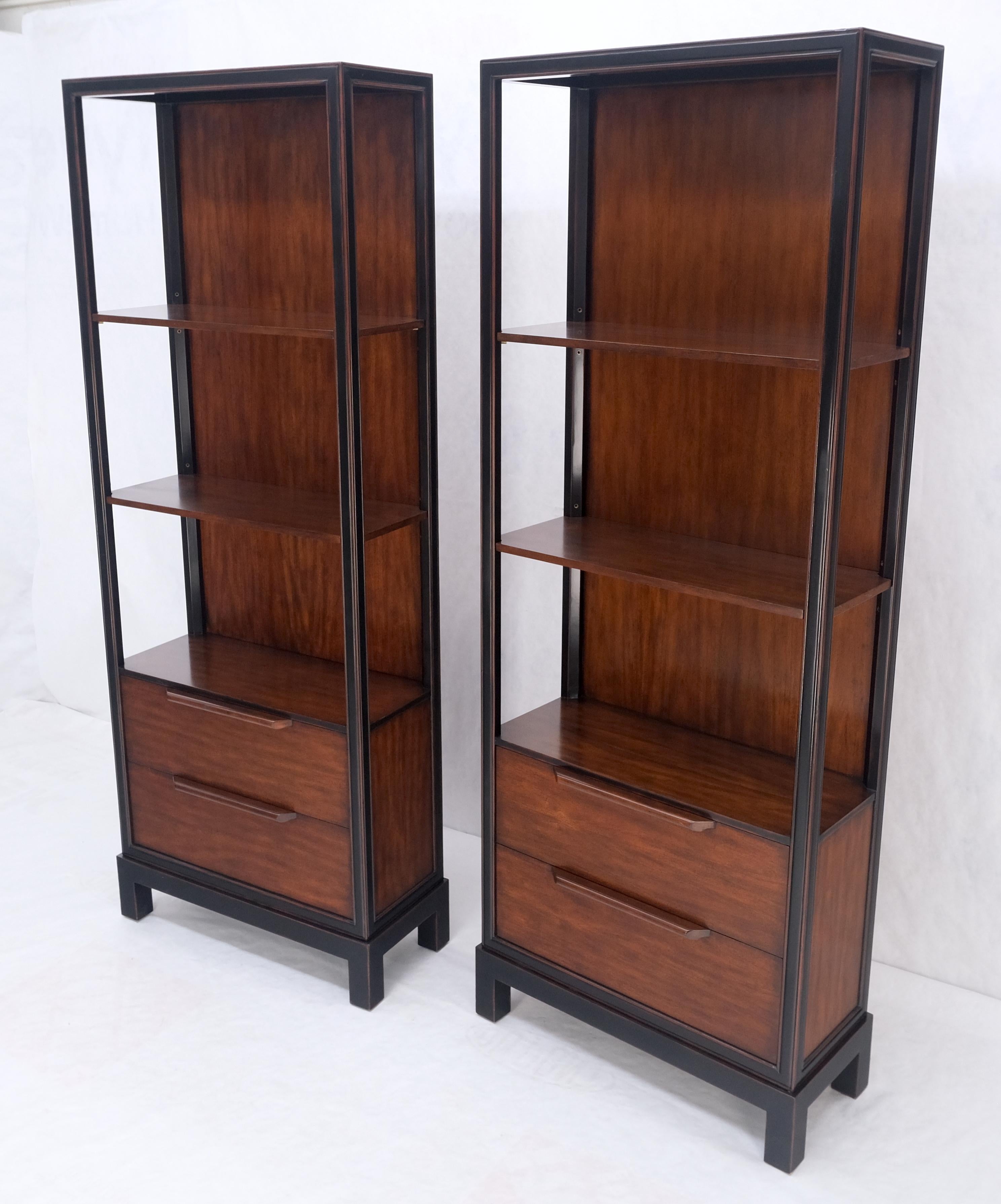 Lacquered Pair 7.5' Tall Custom Mahogany Etageres Adjustable Shelves Dresser Drawers MINT! For Sale