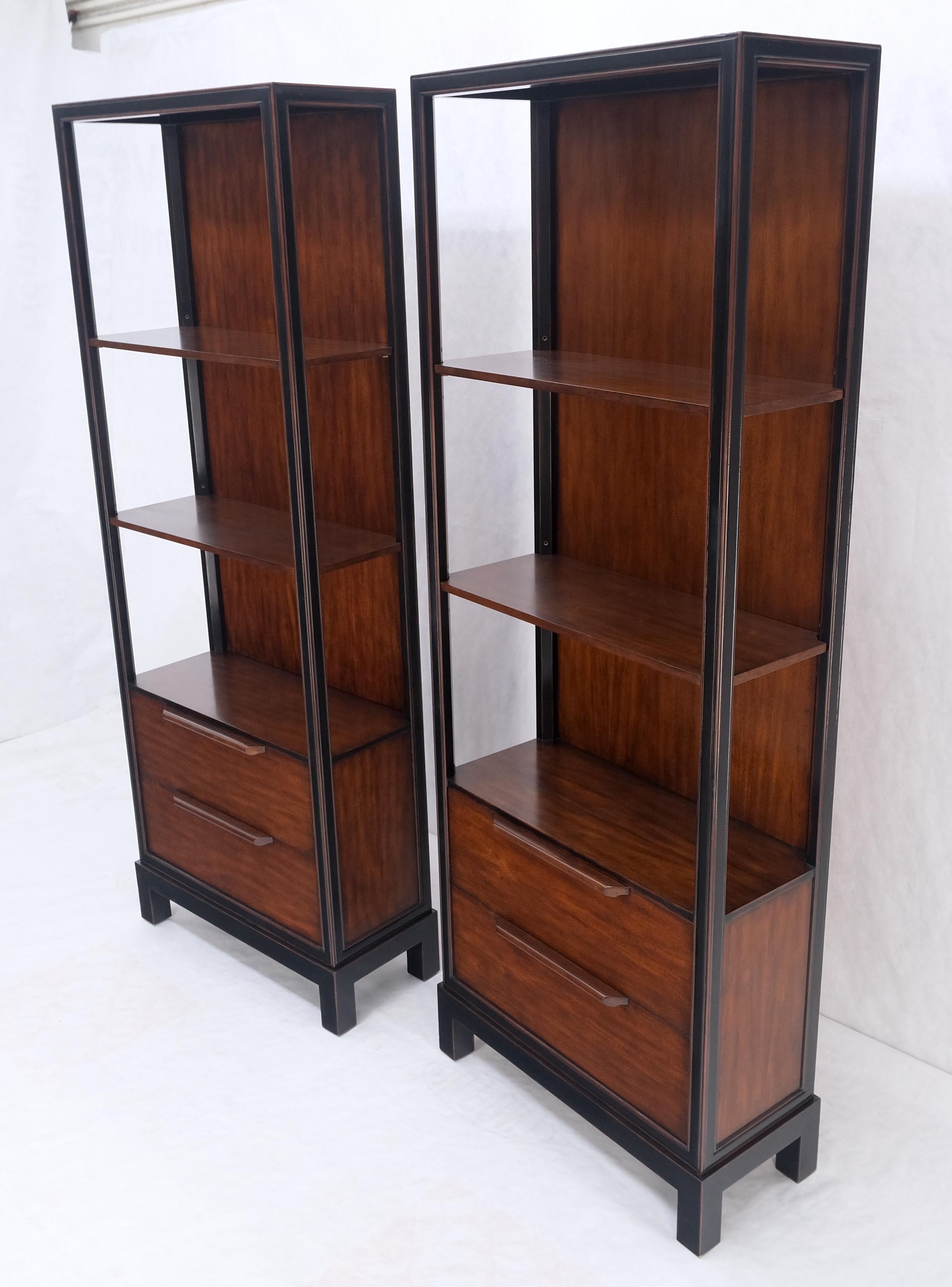 20th Century Pair 7.5' Tall Custom Mahogany Etageres Adjustable Shelves Dresser Drawers MINT! For Sale