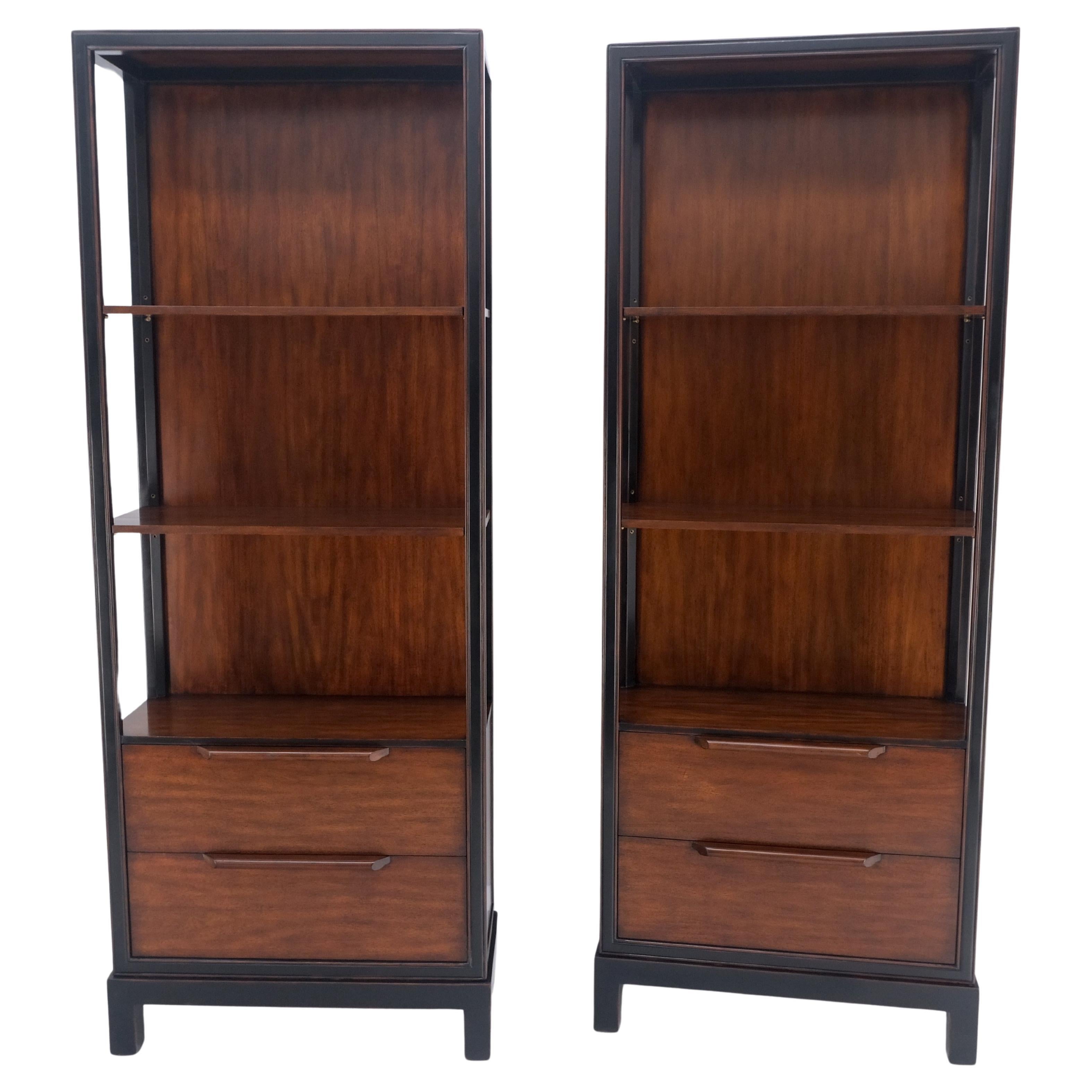 Pair 7.5' Tall Custom Mahogany Etageres Adjustable Shelves Dresser Drawers MINT! For Sale