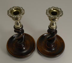 Pair of Antique English Oak Open Barley Twist Candlesticks, Brass Thistle Tops