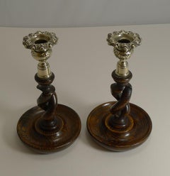 Pair of Antique English Oak Open Barley Twist Candlesticks, Brass Thistle Tops